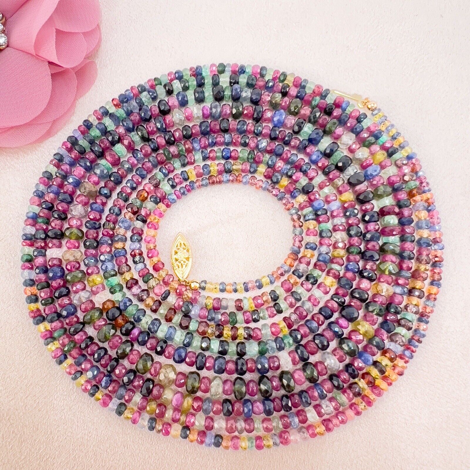 Genuine Multicolor Sapphire, Ruby & Emerald 14K Yellow Gold Necklace, New 82"