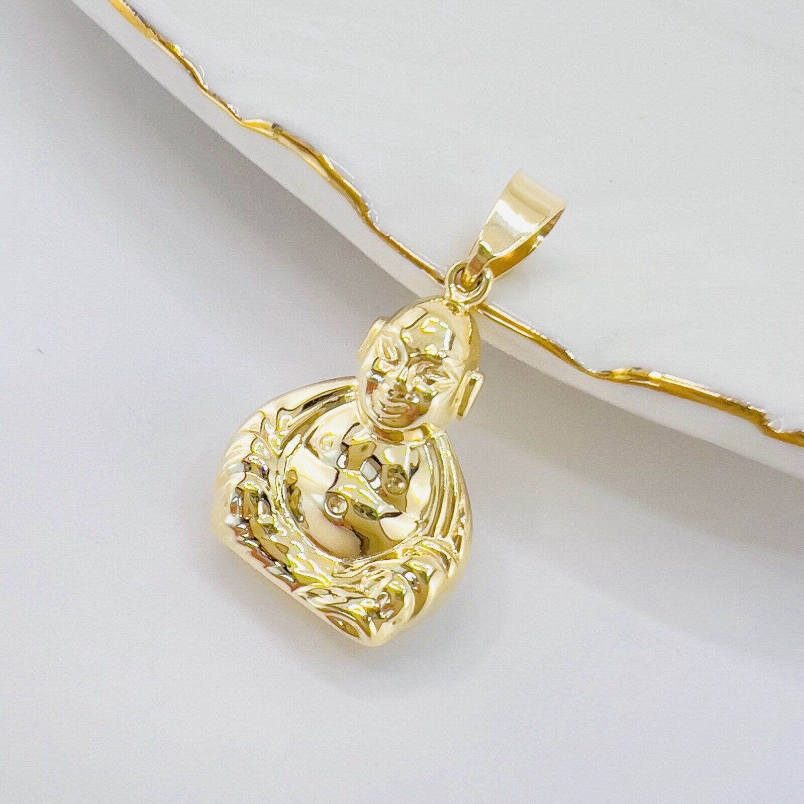 14k Yellow Gold Puffy 3-D Buddha Pendant, New, 1.20"