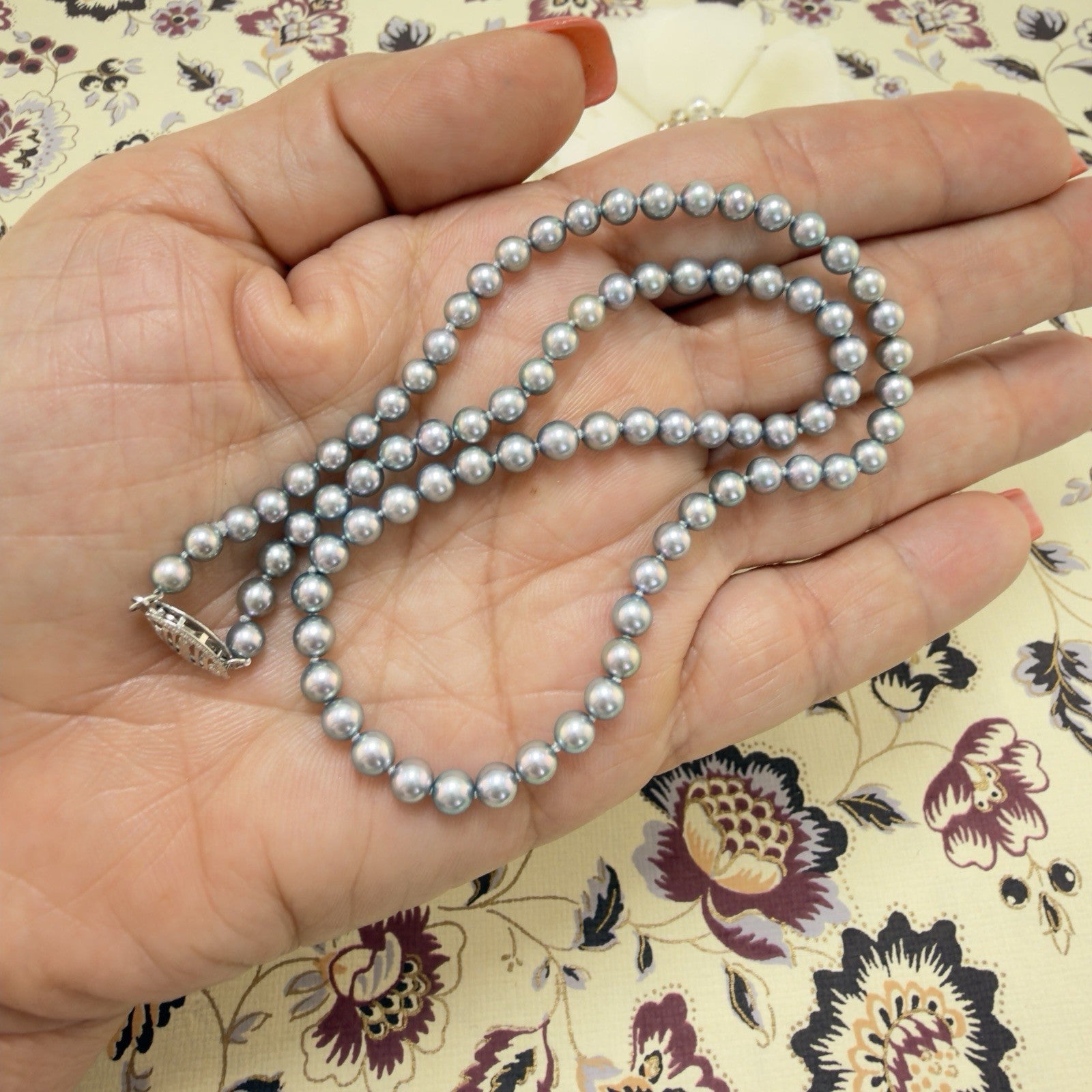 14k White Gold Akoya Silver Pearl (4-4.5mm) Necklace, Newly Handcrafted 15.5"