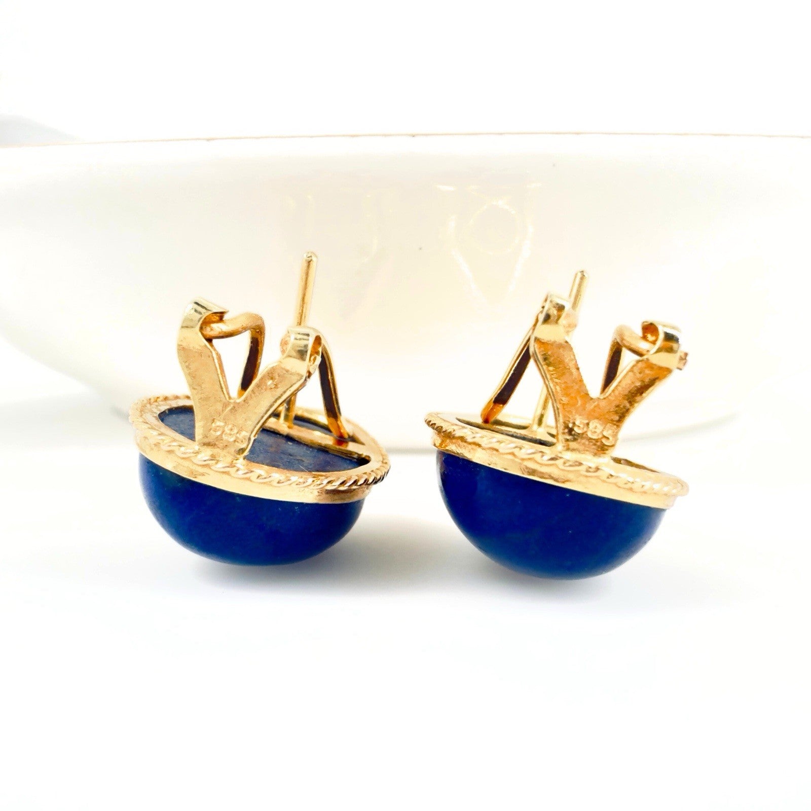 14k Yellow Gold Dark Blue Lapis Lazuli Omega Back Earrings, Preowned