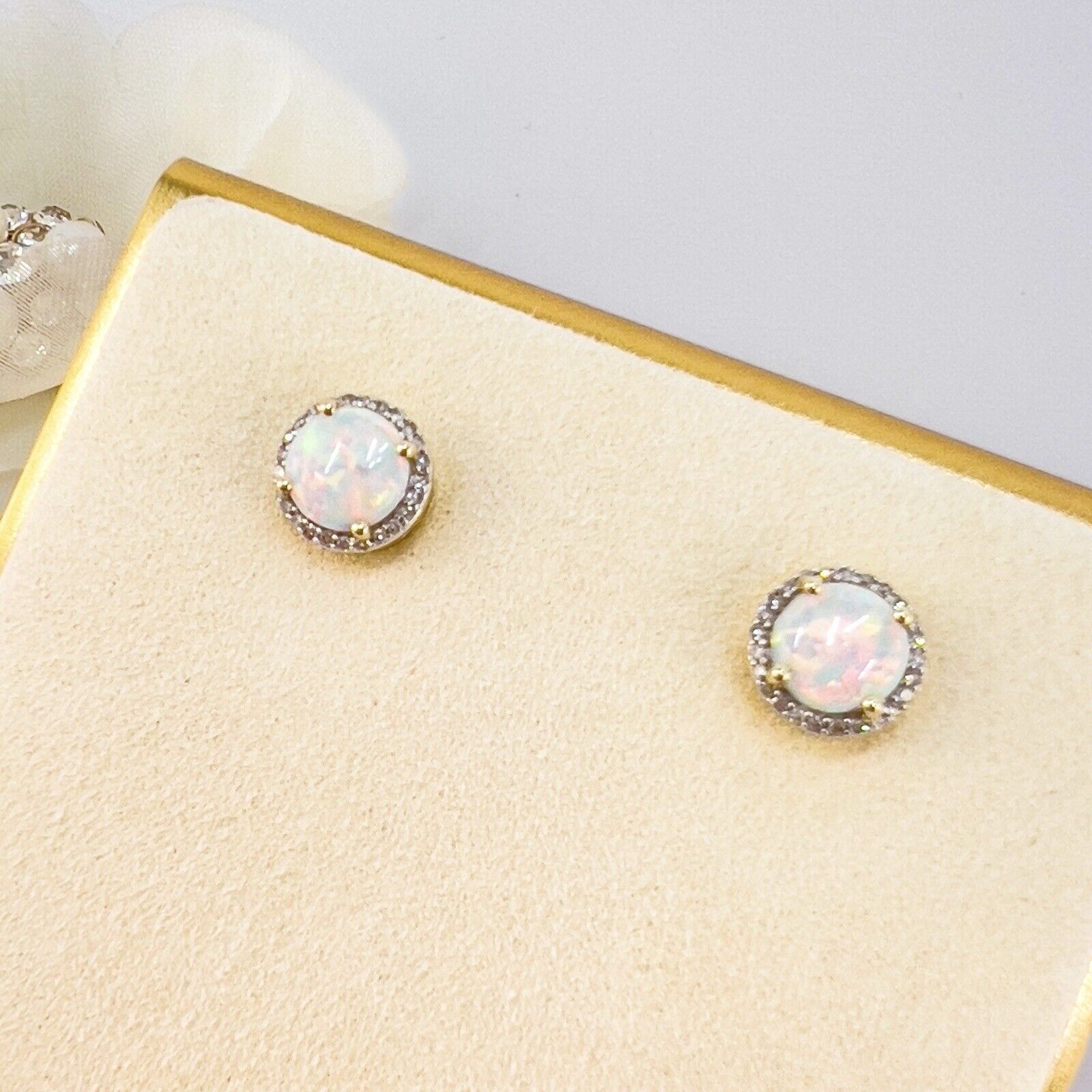 Solid 10k Yellow Gold Lab-Created Opals & Genuine Diamond Stud Earrings, New