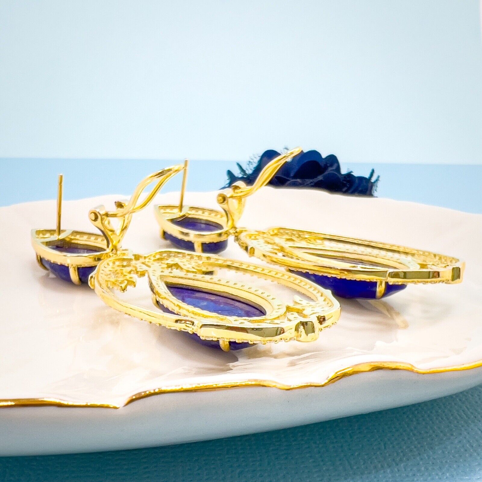 Sterling Silver Vermeil Genuine Lapis Lazuli & CZ Dangle/Drop Earrings, New 2.4"