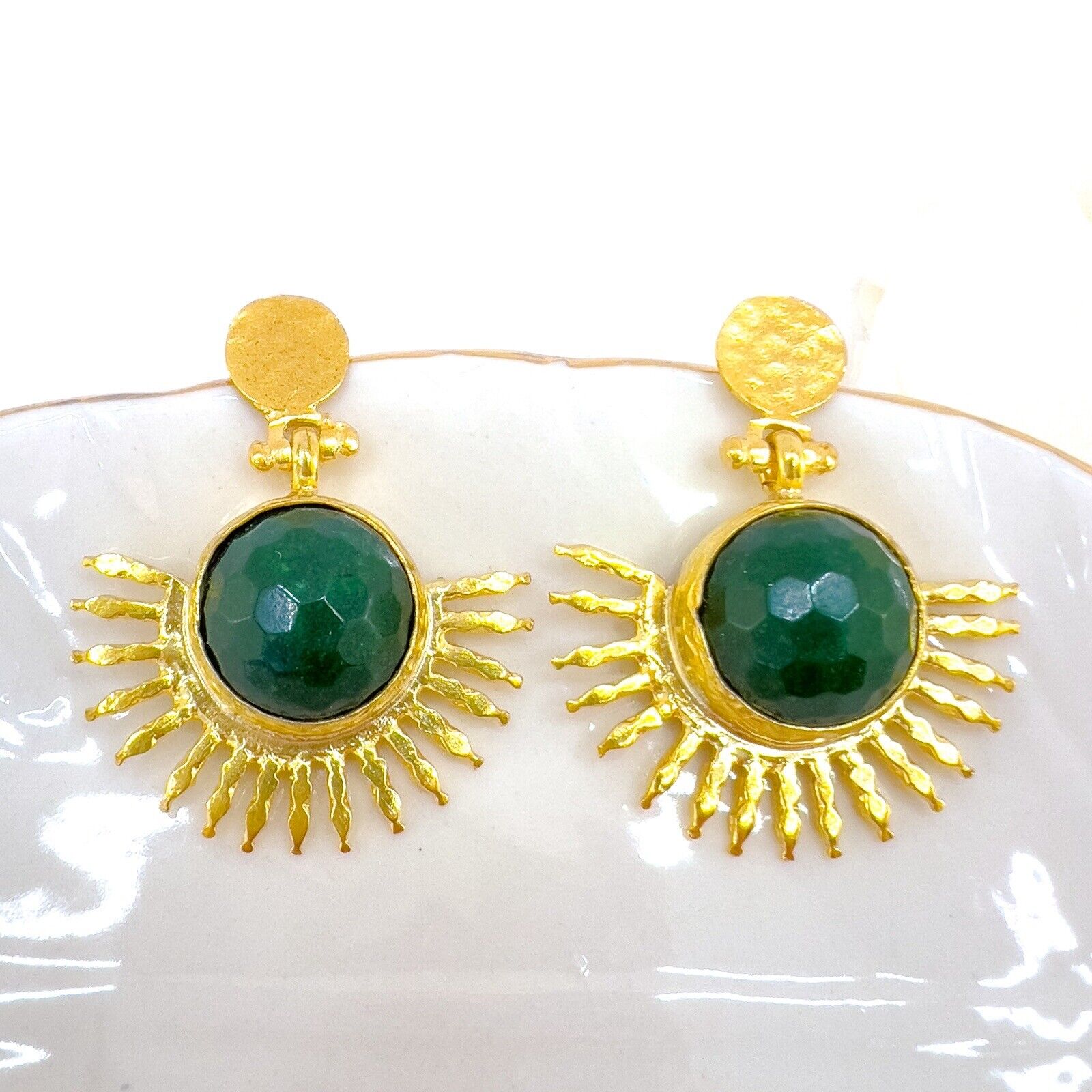 Etruscan Style Green Quartz Heavy Gold Plated Sunburst Dangle Earrings New 1.48"