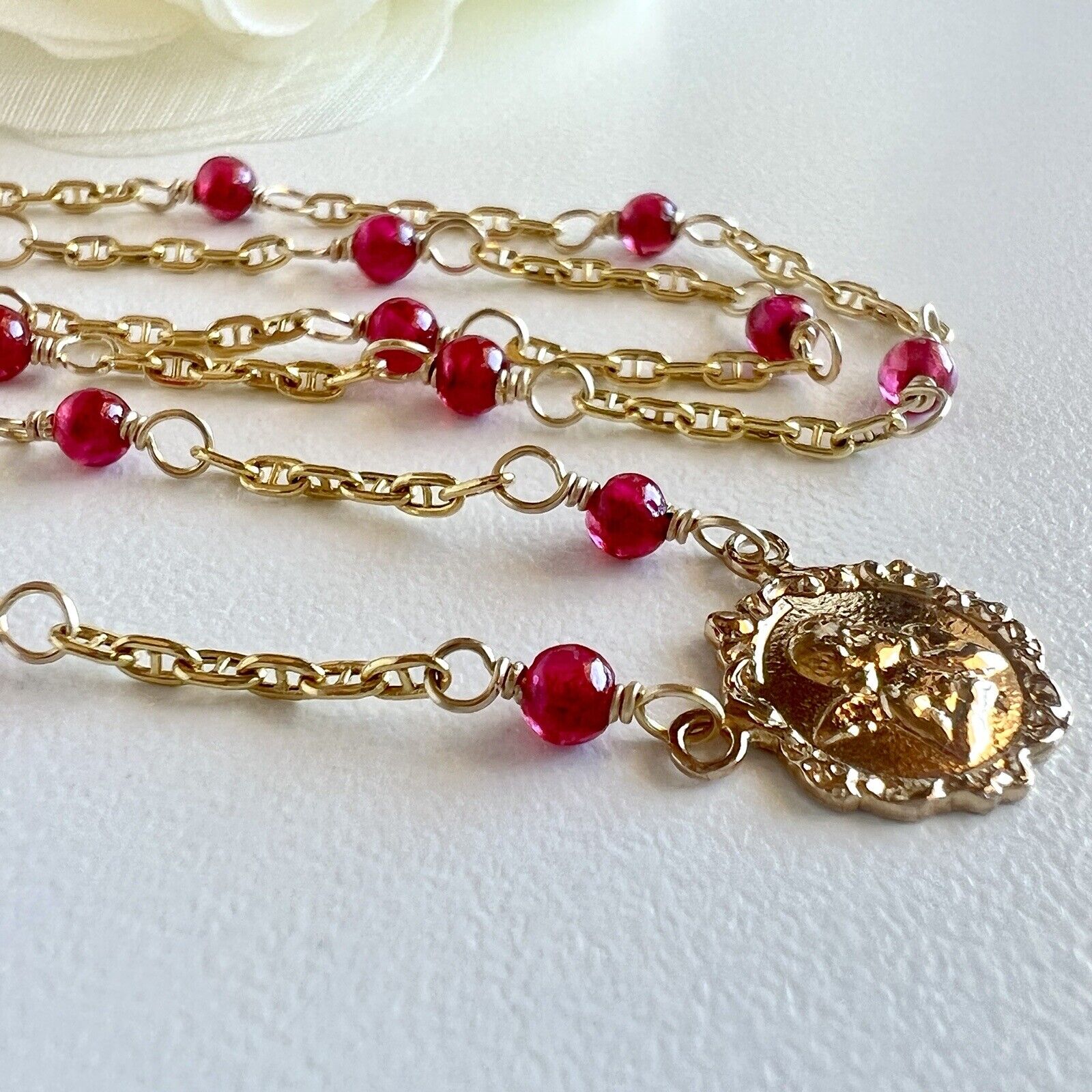 Solid 14k Yellow Gold and Lab Created Ruby (5.6ctw) Angel Necklace, New, 17.25"