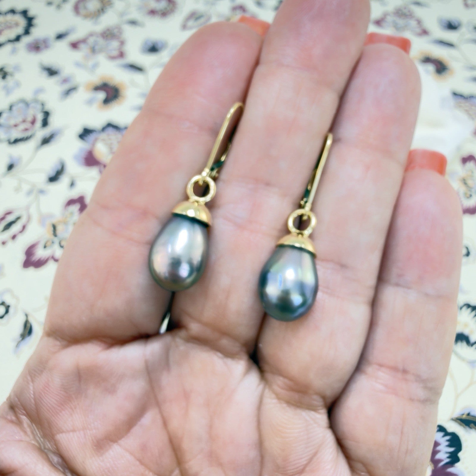 14k Yellow Gold Genuine Gray/Peacock Pearl Drop Leaverback Earrings