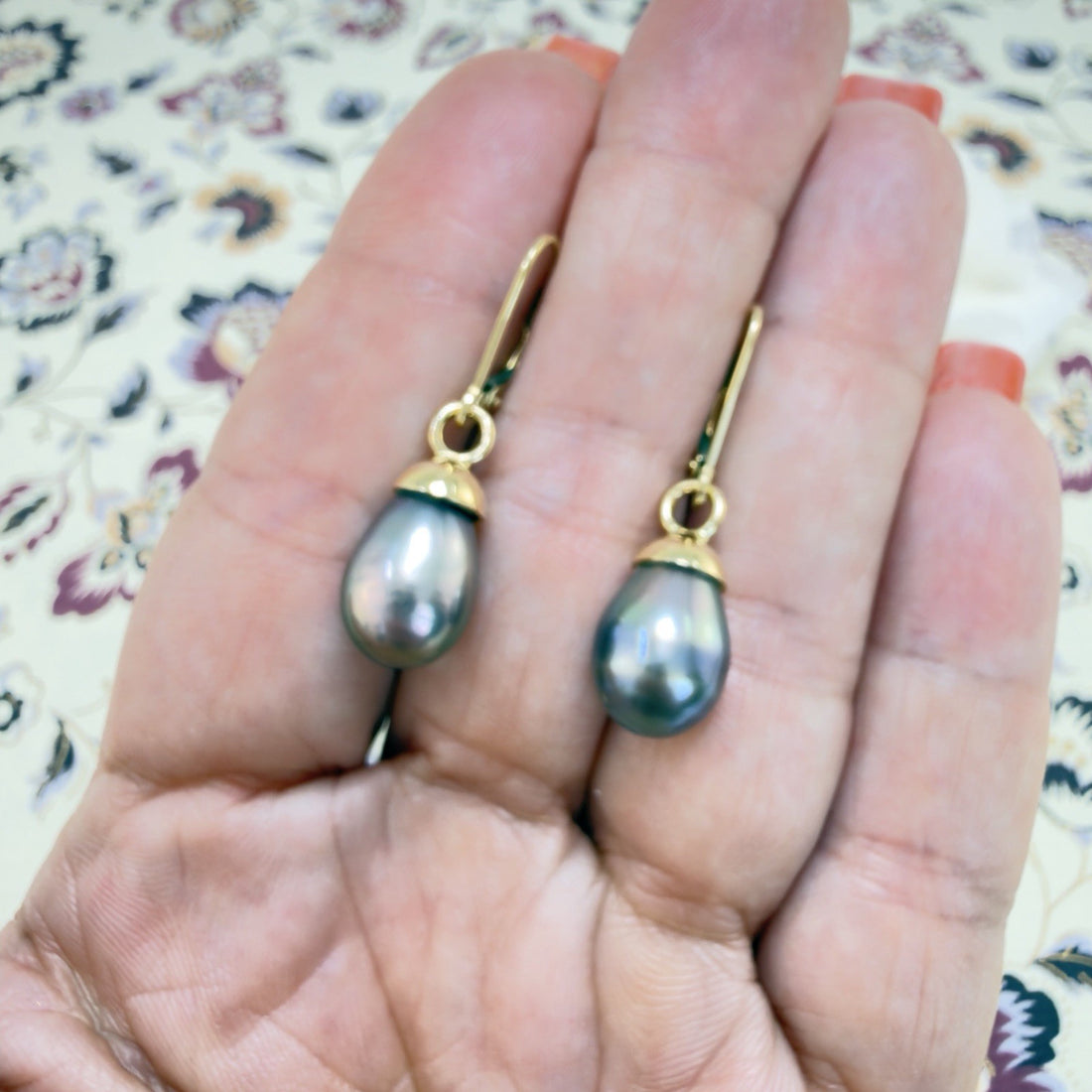 14k Yellow Gold Genuine Gray/Peacock Pearl Drop Leaverback Earrings