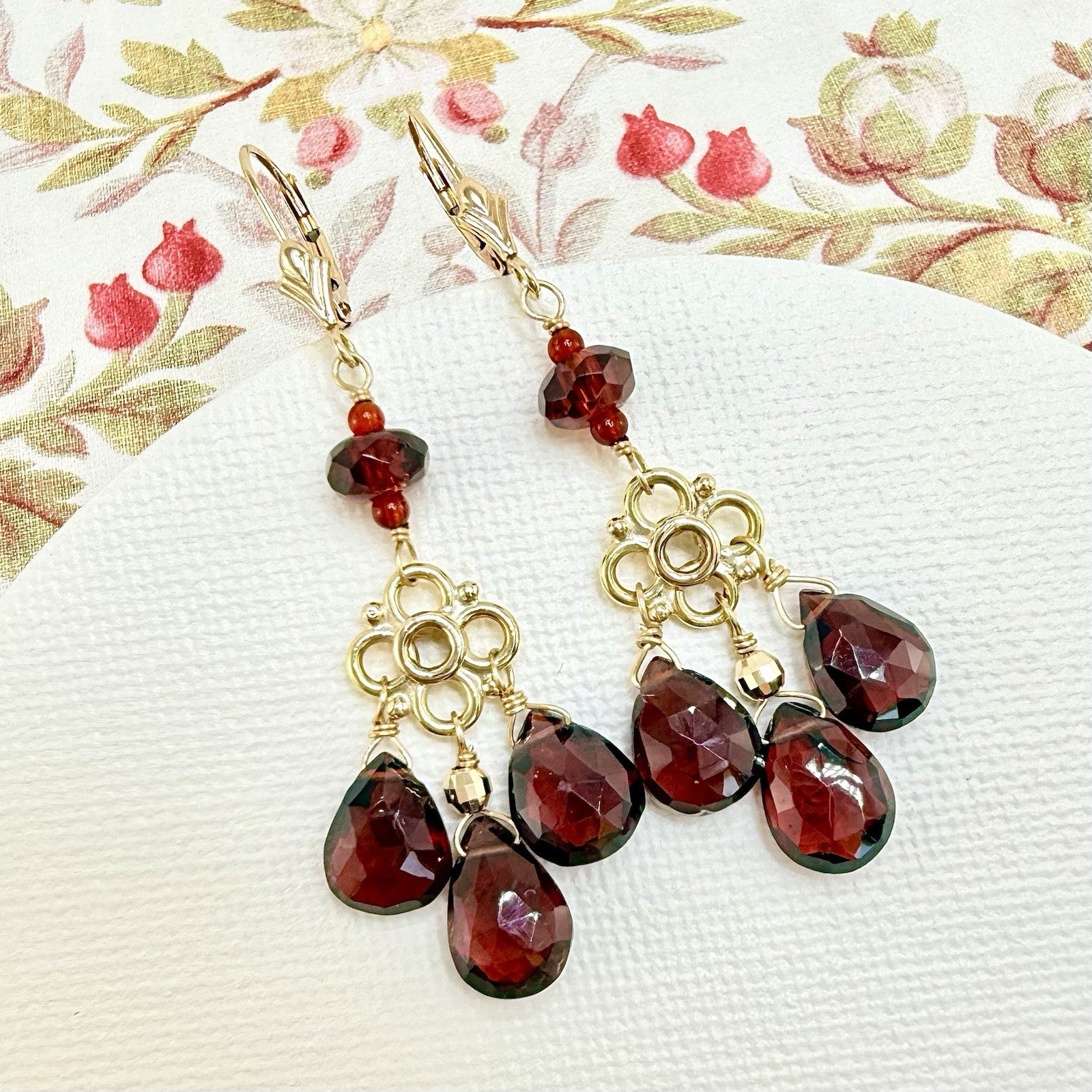 14k Yellow Gold Genuine Garnet Chandelier Dangle/Drop Earrings, New, 2.10" Long