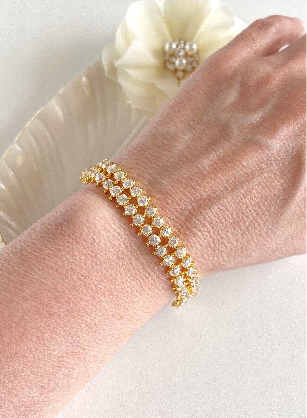 2-Row Cubic Zirconia Heavy Gold Electroplated Tennis Bracelet 7" New