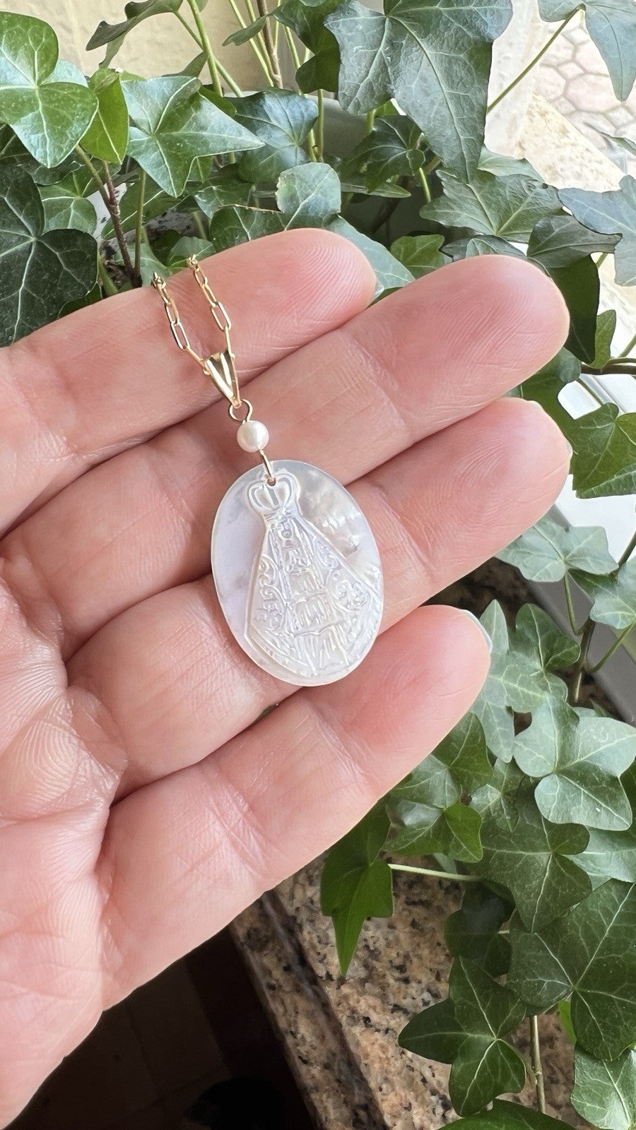 14k Yellow Gold Mother of Pearl Virgen de la Caridad del Cobre Pendant, New