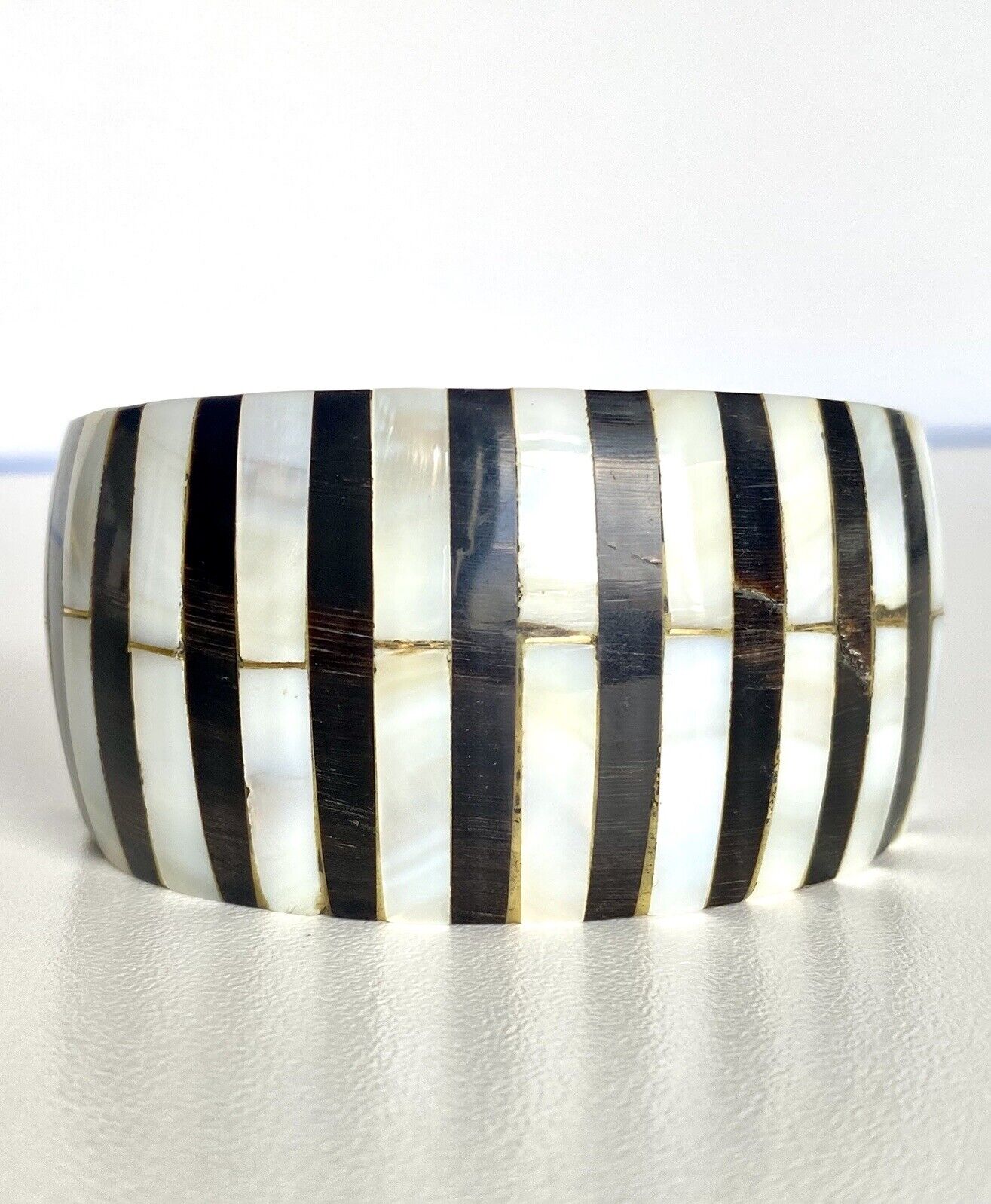 Vintage Mother of Pearl & Horn Inlay Bohemian Cuff Bracelet, Small