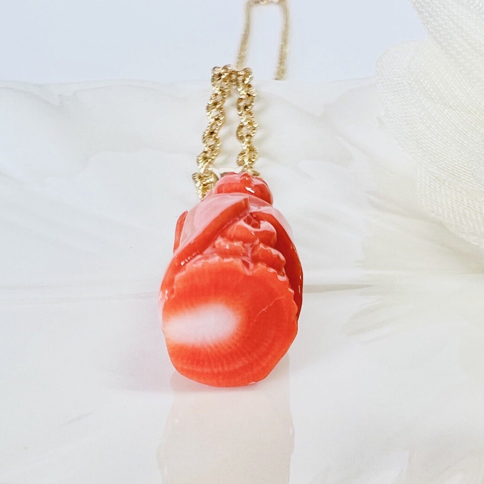 Natural Dark Salmon Guanyin (13.6ct) Solid 14k Yellow Gold Pedant, New