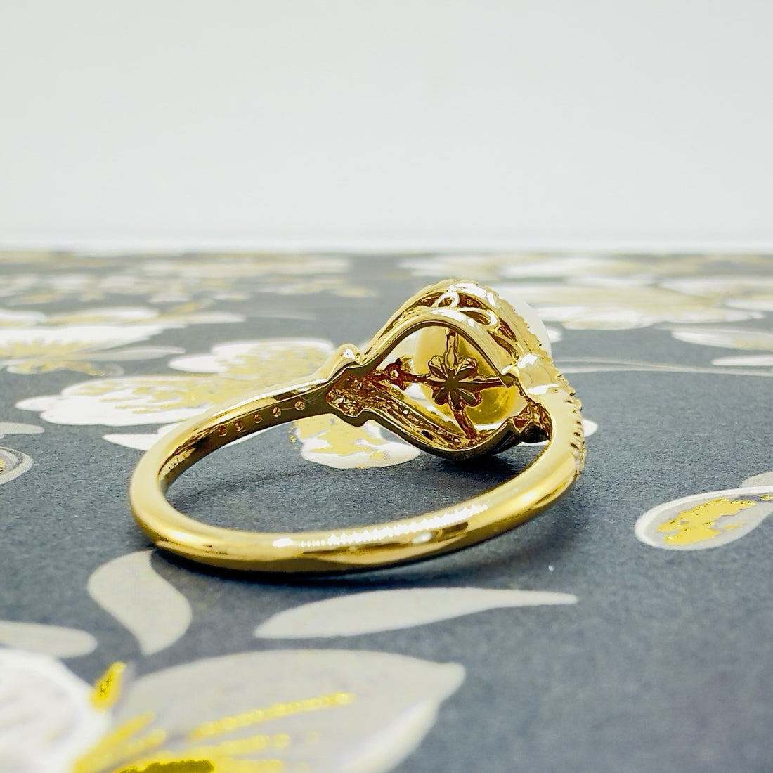 14k Yellow Gold Genuine Cultured Pearl & Diamond Halo Ring, Sz 7, New