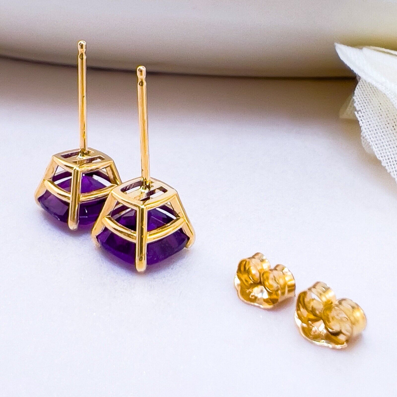 Solid 10k Yellow Gold Genuine Amethyst 6mm Stud Earrings, New