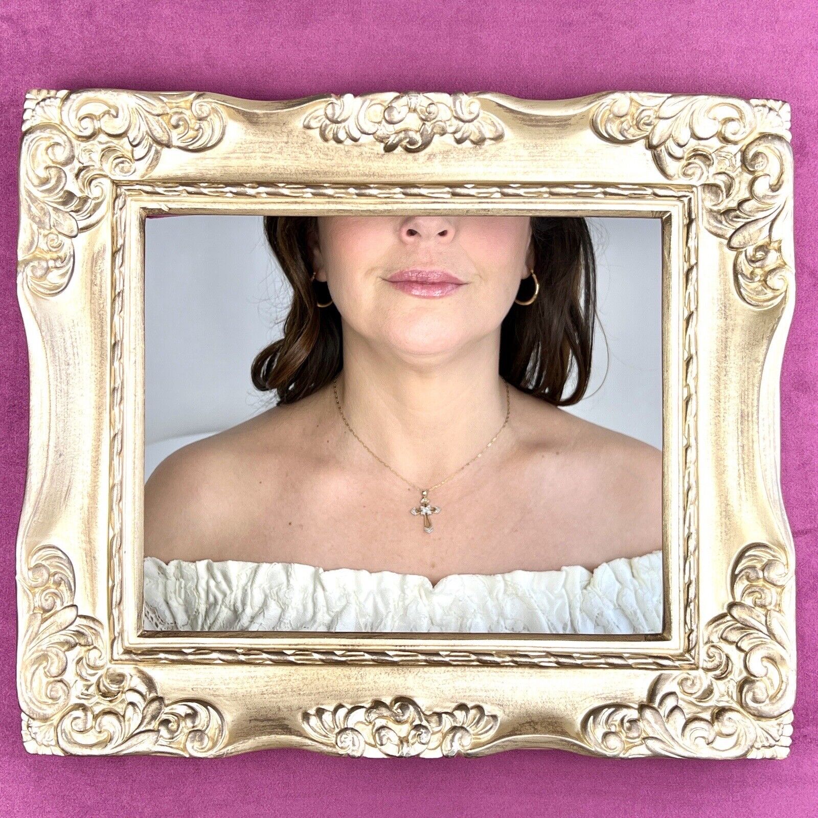 Solid 10K Yellow Gold Genuine Diamond Cross Pendant, New 1.3”