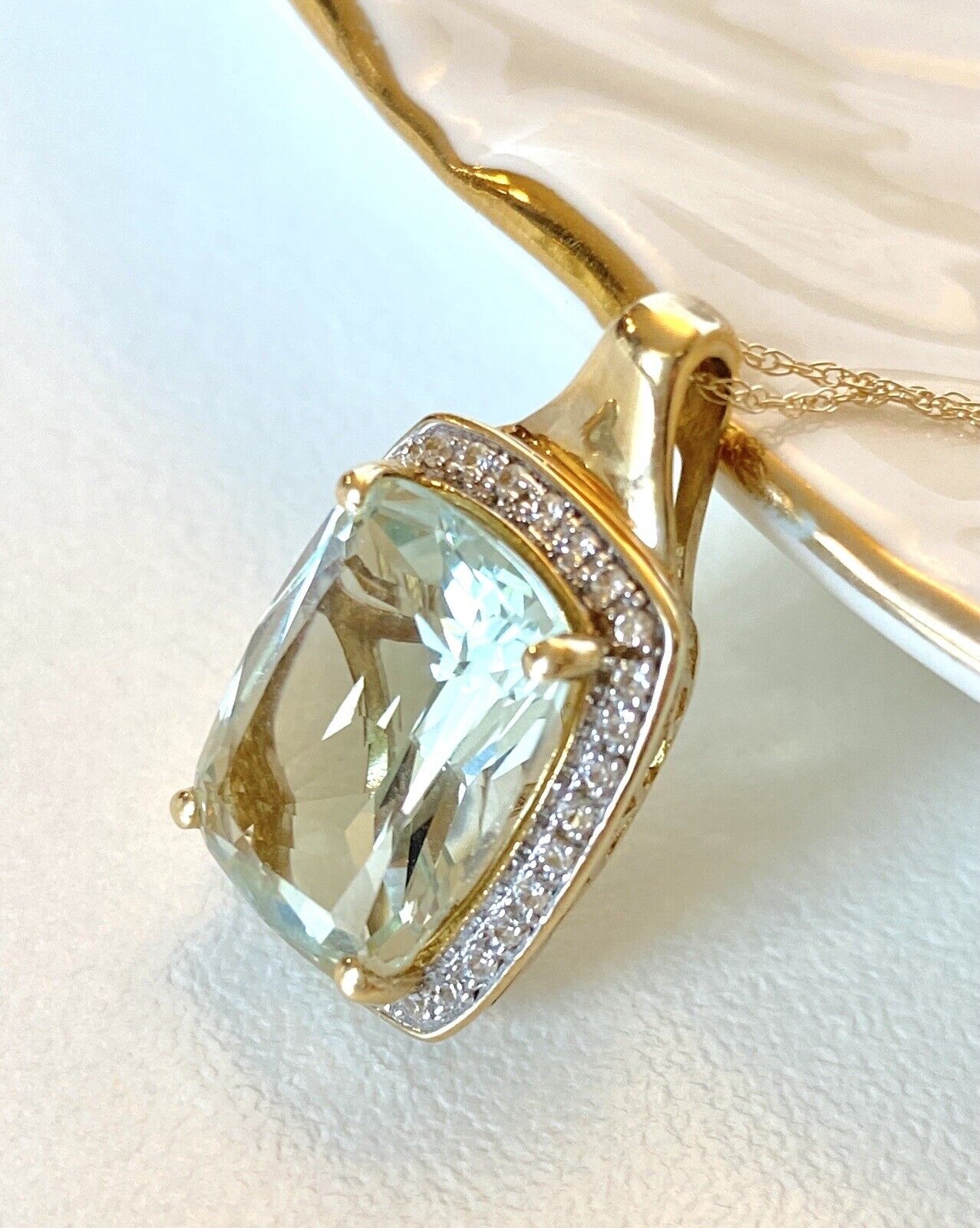 Genuine Prasiolite & White Topaz Solid 10k Yellow Gold Pendant/Necklace, New 18"
