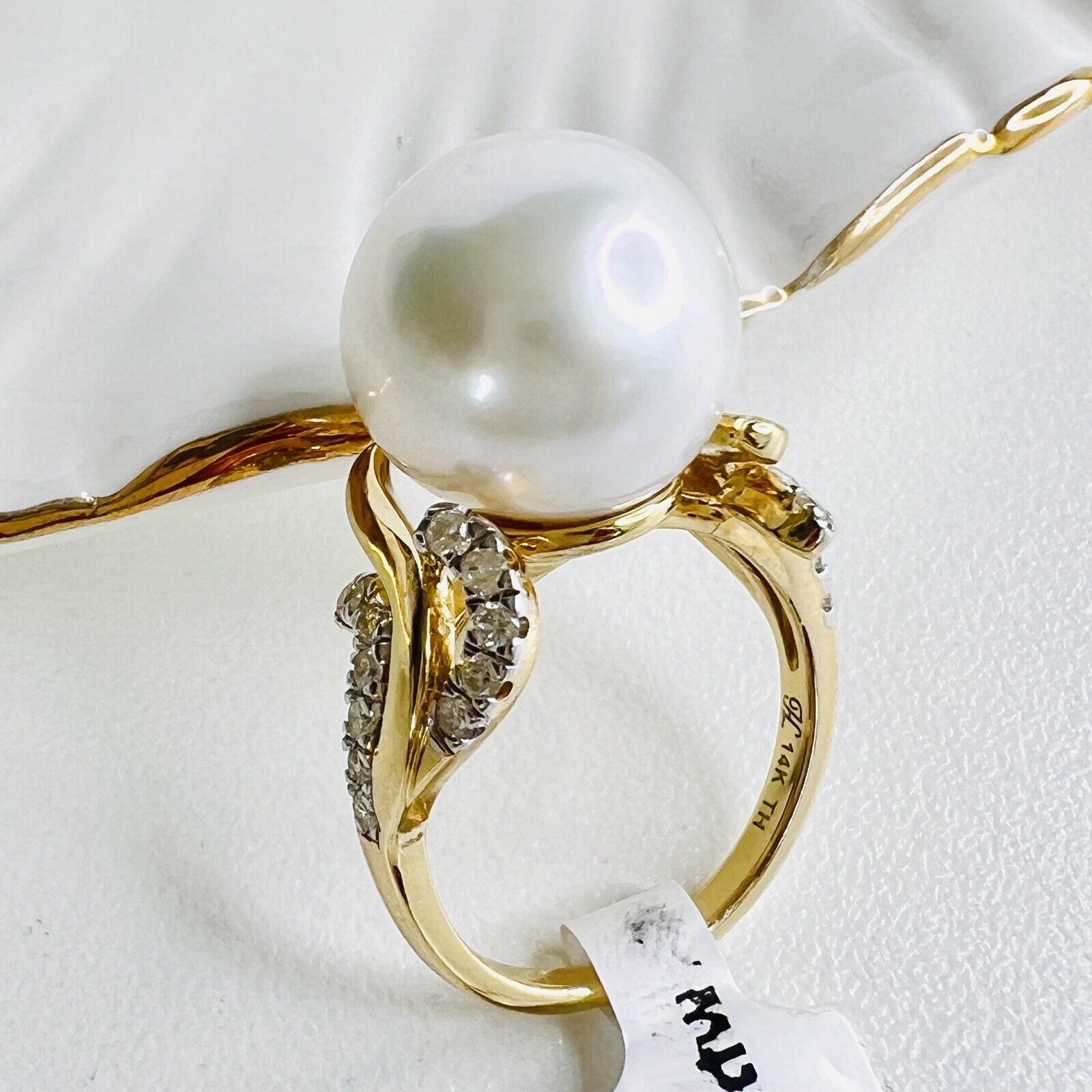 Solid 14k Yellow Gold Genuine 13.3mm Pearl & Diamond Ring, Size 7 New