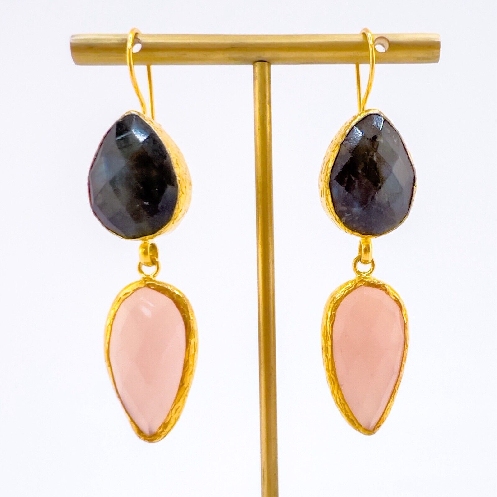 Etruscan Revival Labradorite & Rose Chalcedony Earrings 22k Yellow Gold Overlay