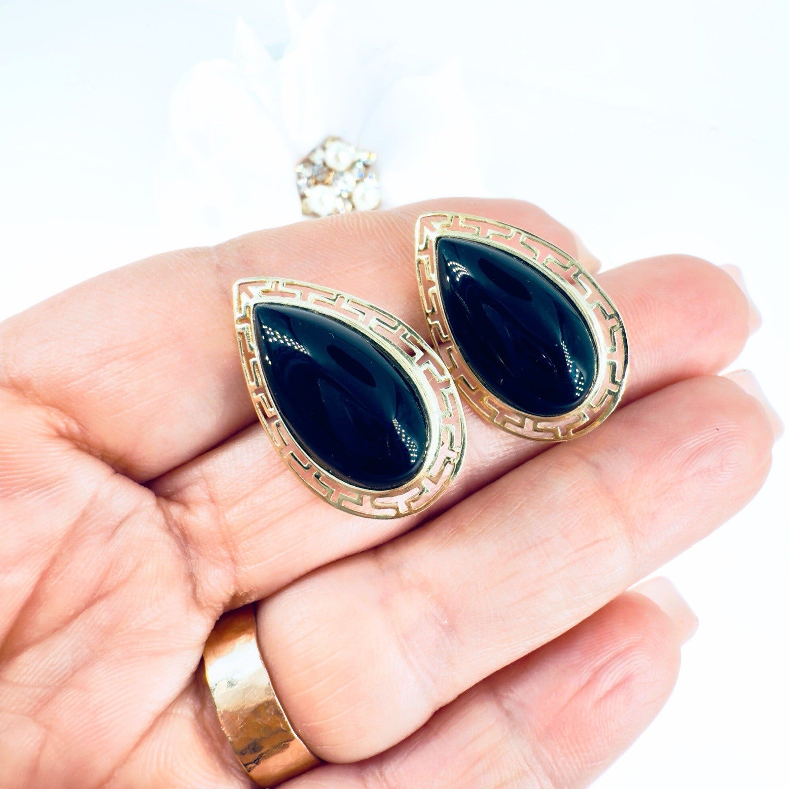 14k Yellow Gold Black Onyx Omega Back Earrings, Preowned