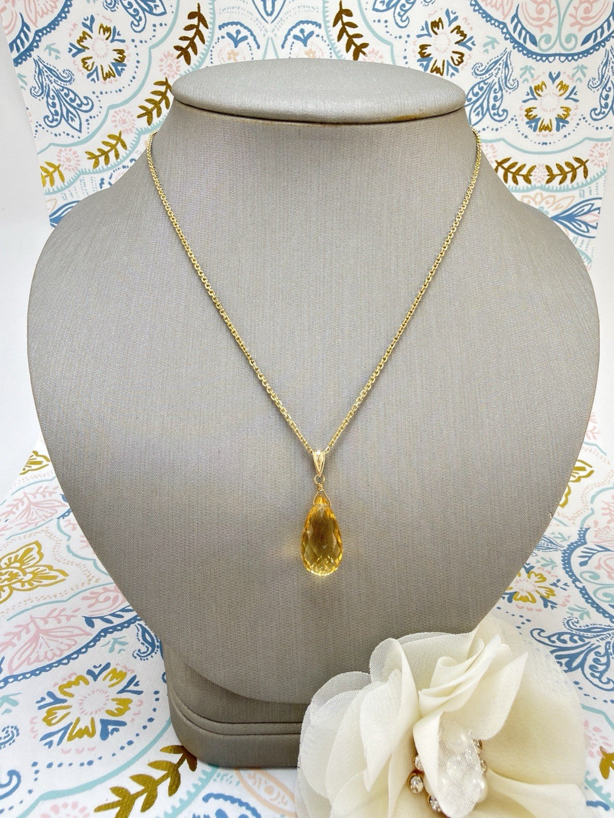 14k Yellow Gold Genuine Citrine Drop Pendant, 1" New