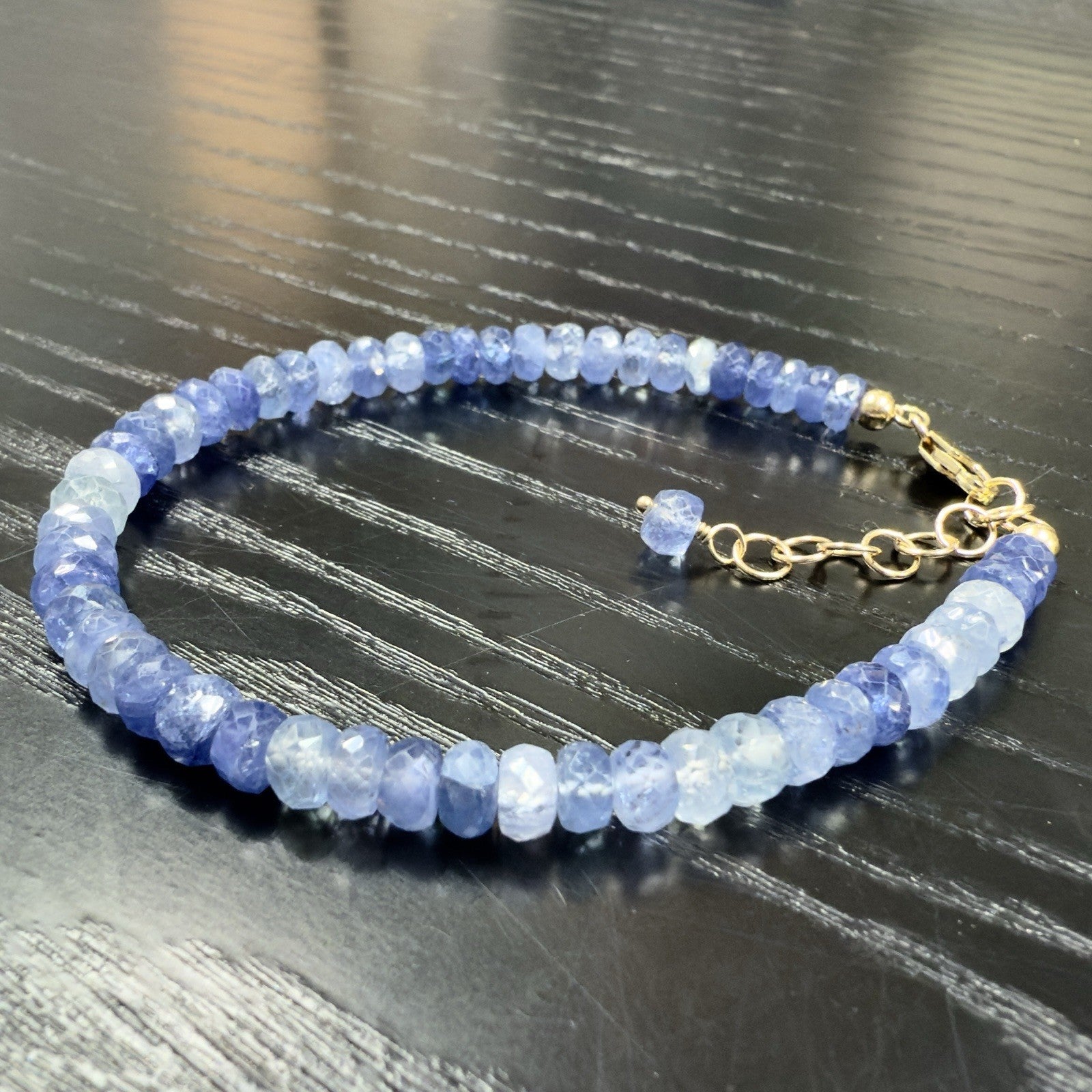 14k Yellow Gold Multitone Blue Sapphire Bracelet, Adjustable 6.75-7.75", New