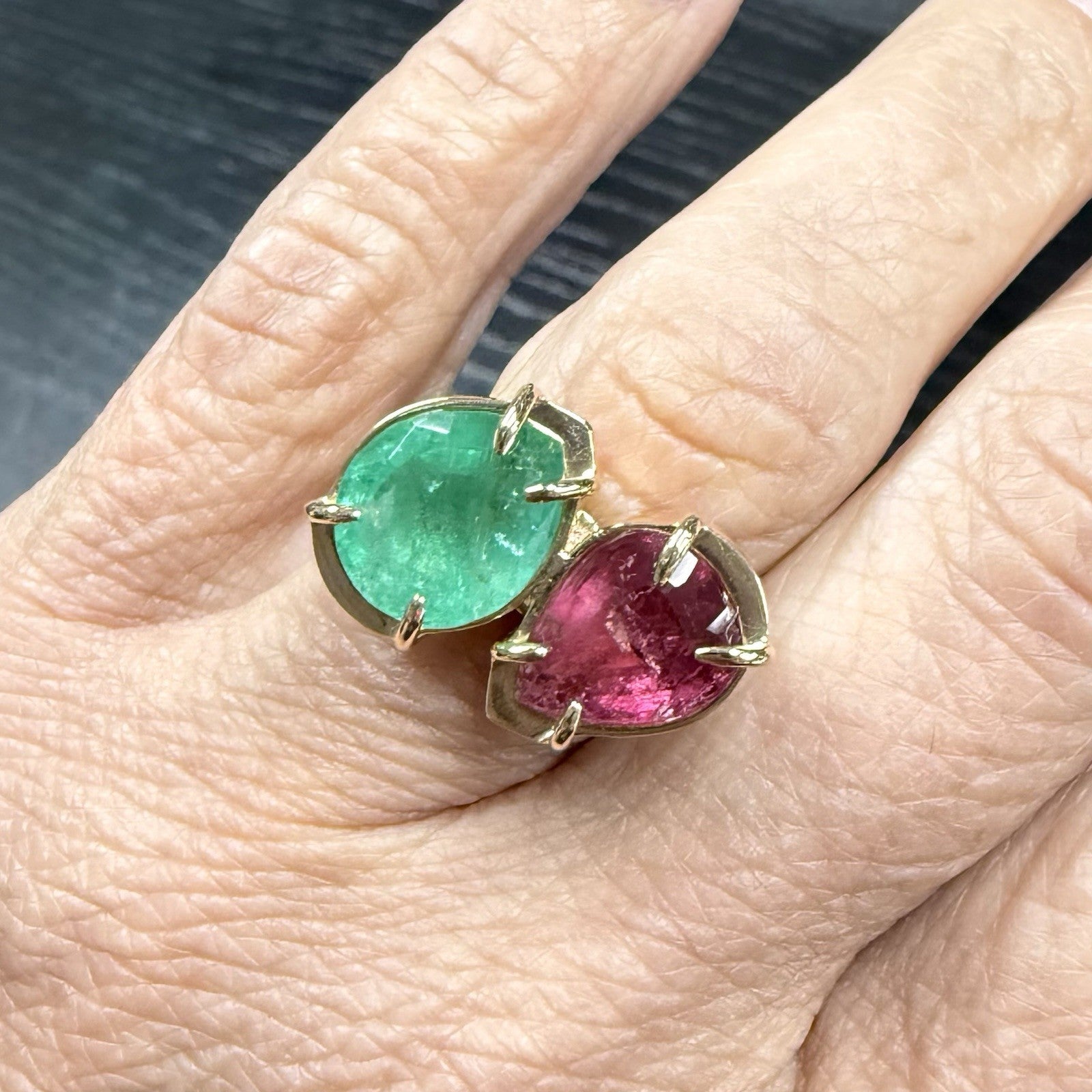14k Yellow Gold Genuine Emerald & Pink Tourmaline Modernist Ring, New Size 6.5