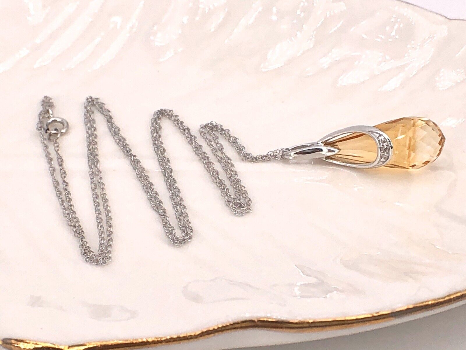 Chic, Solid 14k White Gold, Citrine & Diamond pendant Necklace, New, 18"