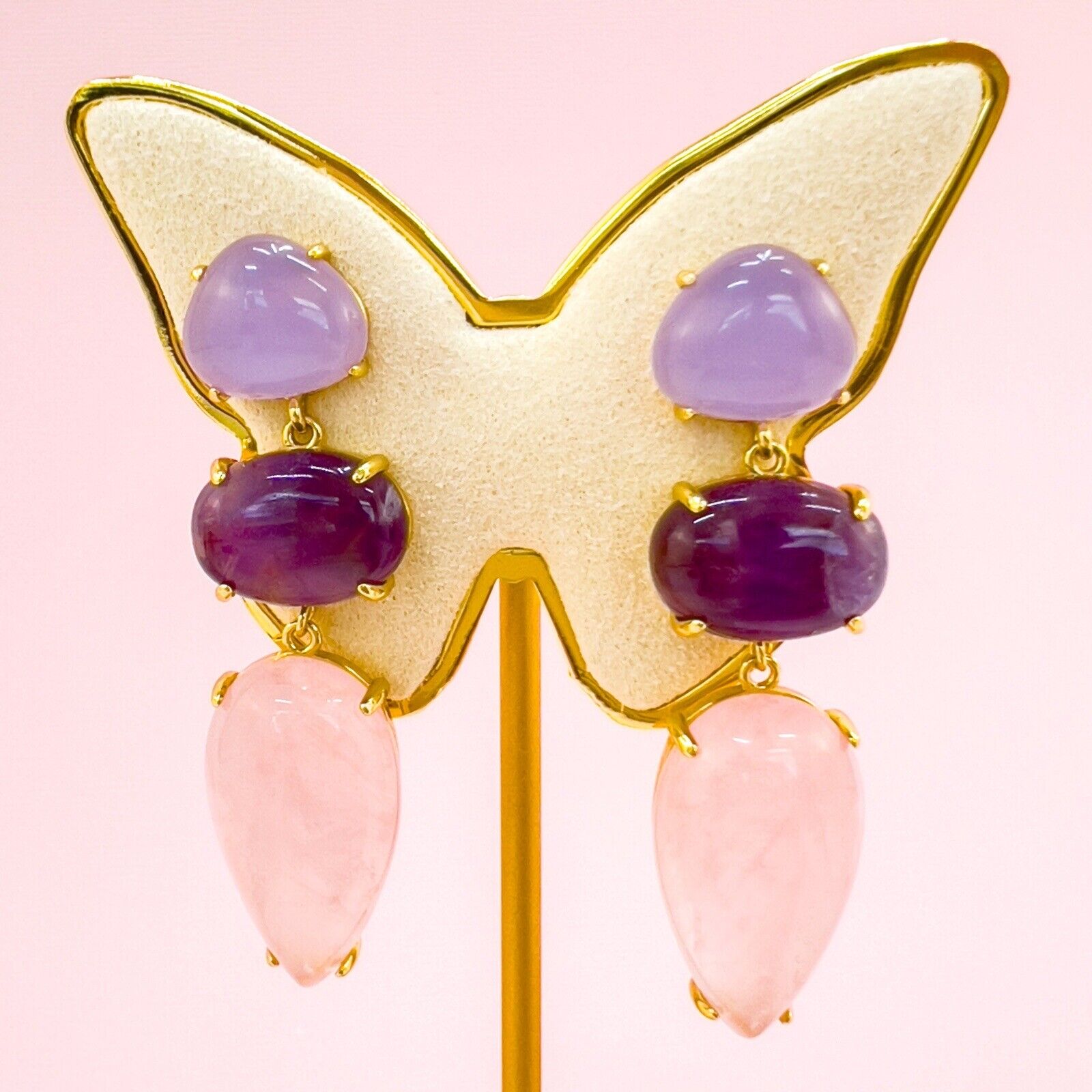 Genuine Rose-Quartz Amethyst Chalcedony Sterling Silver Vermeil Dangle Earrings