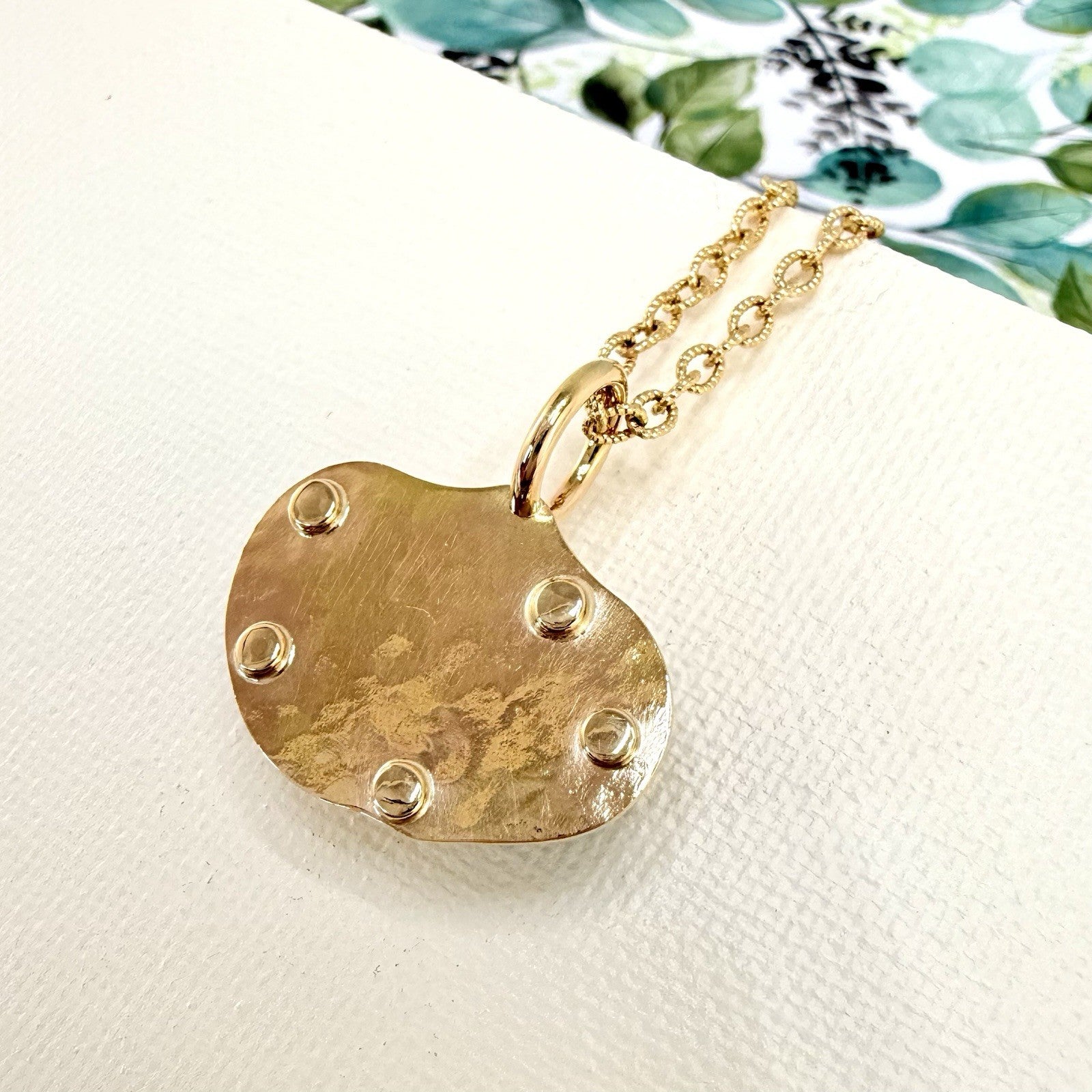 14k Yellow Gold Genuine Emerald Rough Freeform Modernist Pendant, New, Unisex