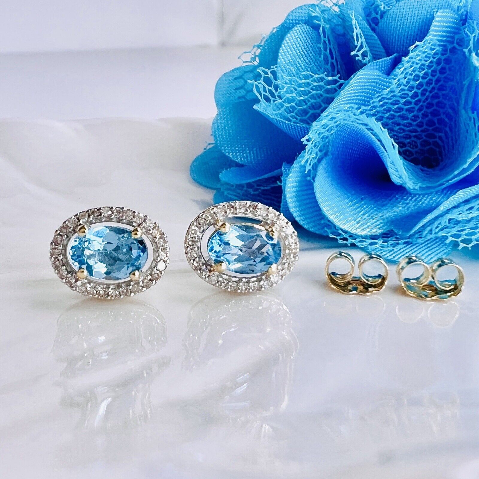 Solid 10k Yellow Gold Genuine Blue Topaz & Diamond Halo Oval Stud Earrings, New