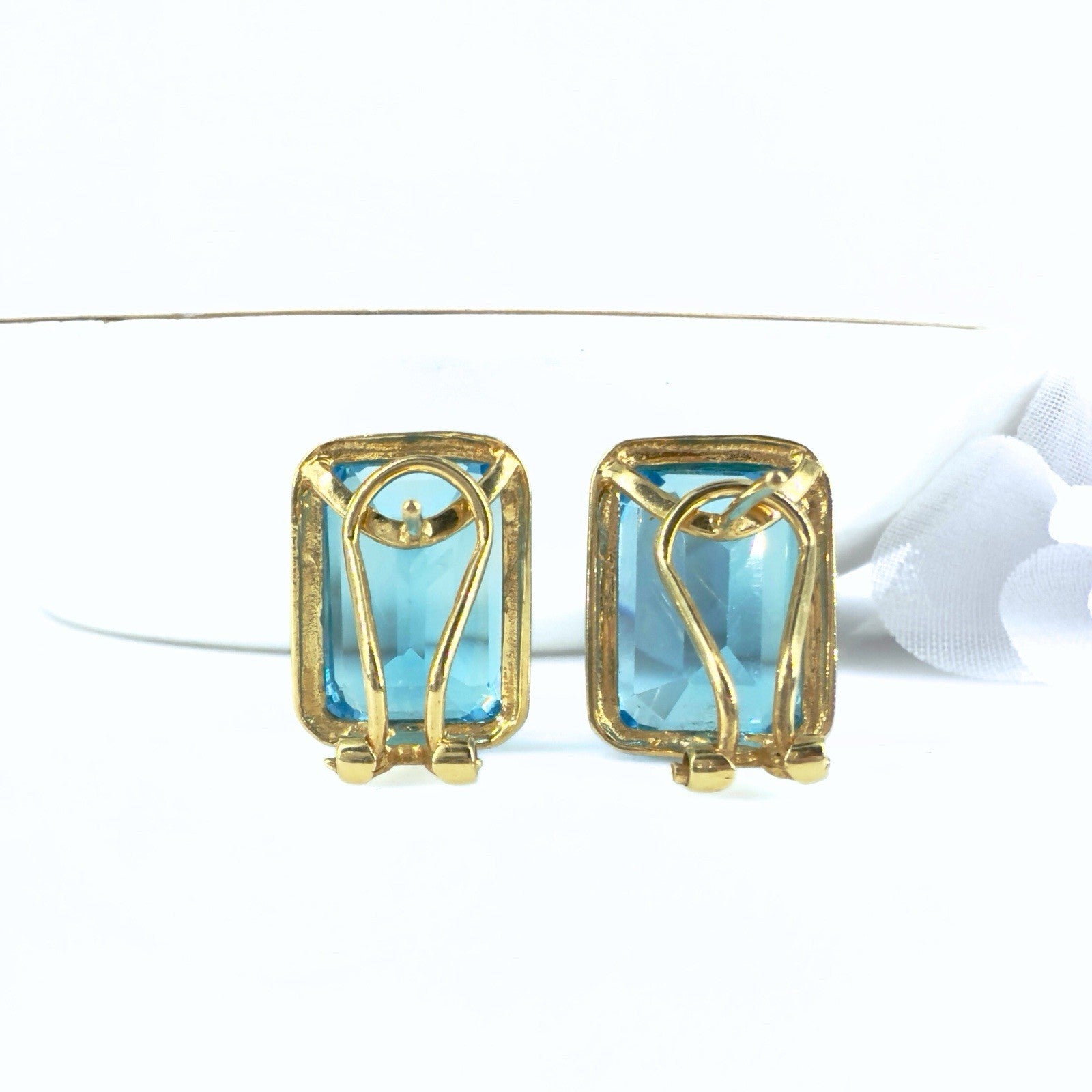 14k Yellow Gold Swiss Blue Topaz Omega Back Earrings, Preowned