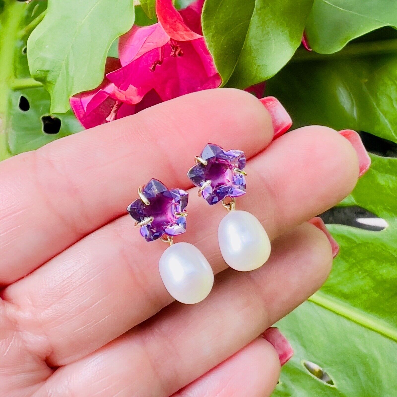 Solid 14k Yellow Gold Genuine Amethyst Star & Pearl Dangle/Drop Earrings, New