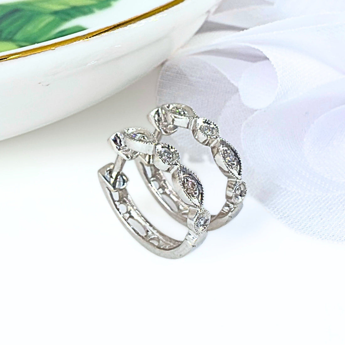 14k White Gold Genuine Diamond Huggie Hoop Earrings, New