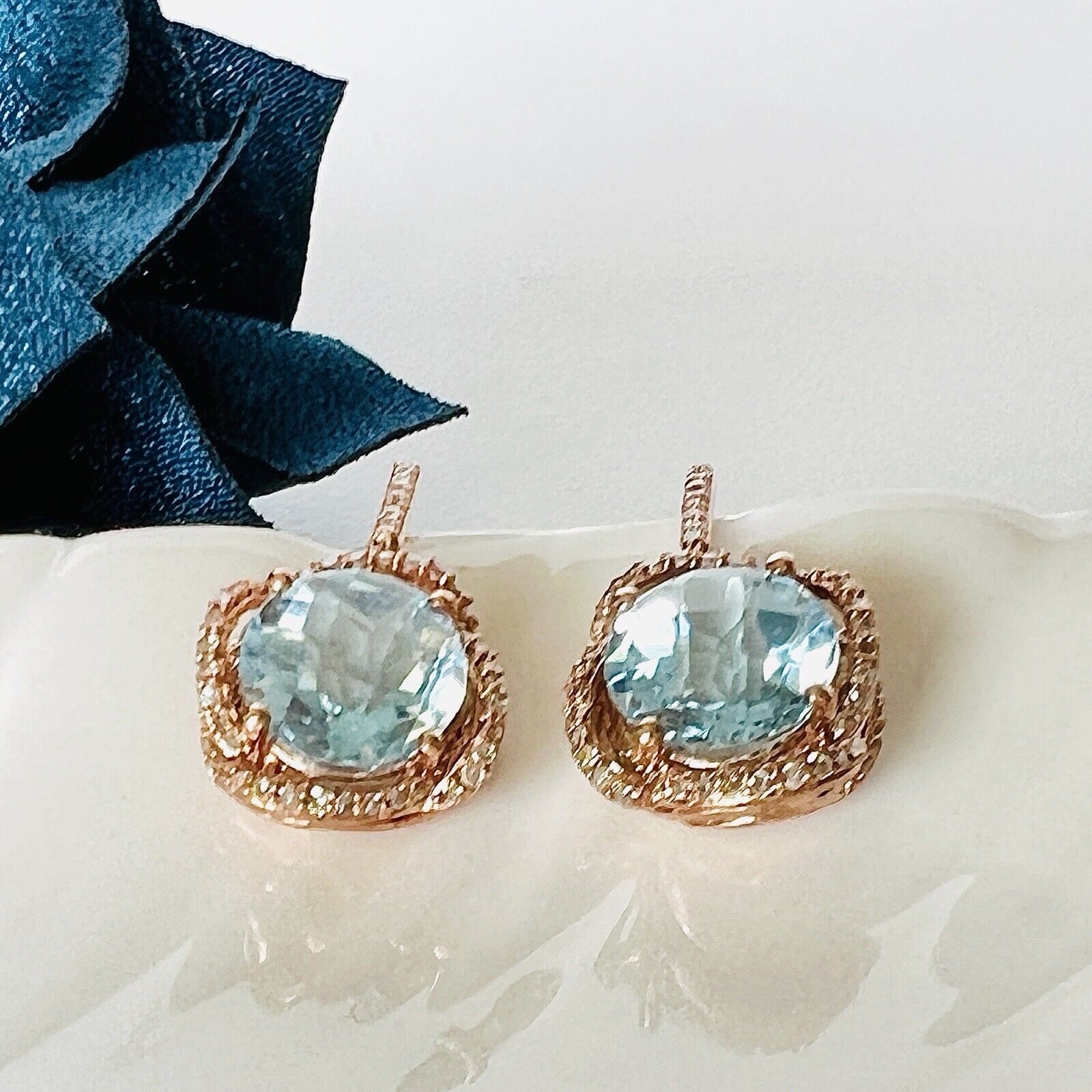 Solid 10k Rose Gold Genuine Blue Topaz (4.40ct) Diamond Dangle/Drop Earrings/New