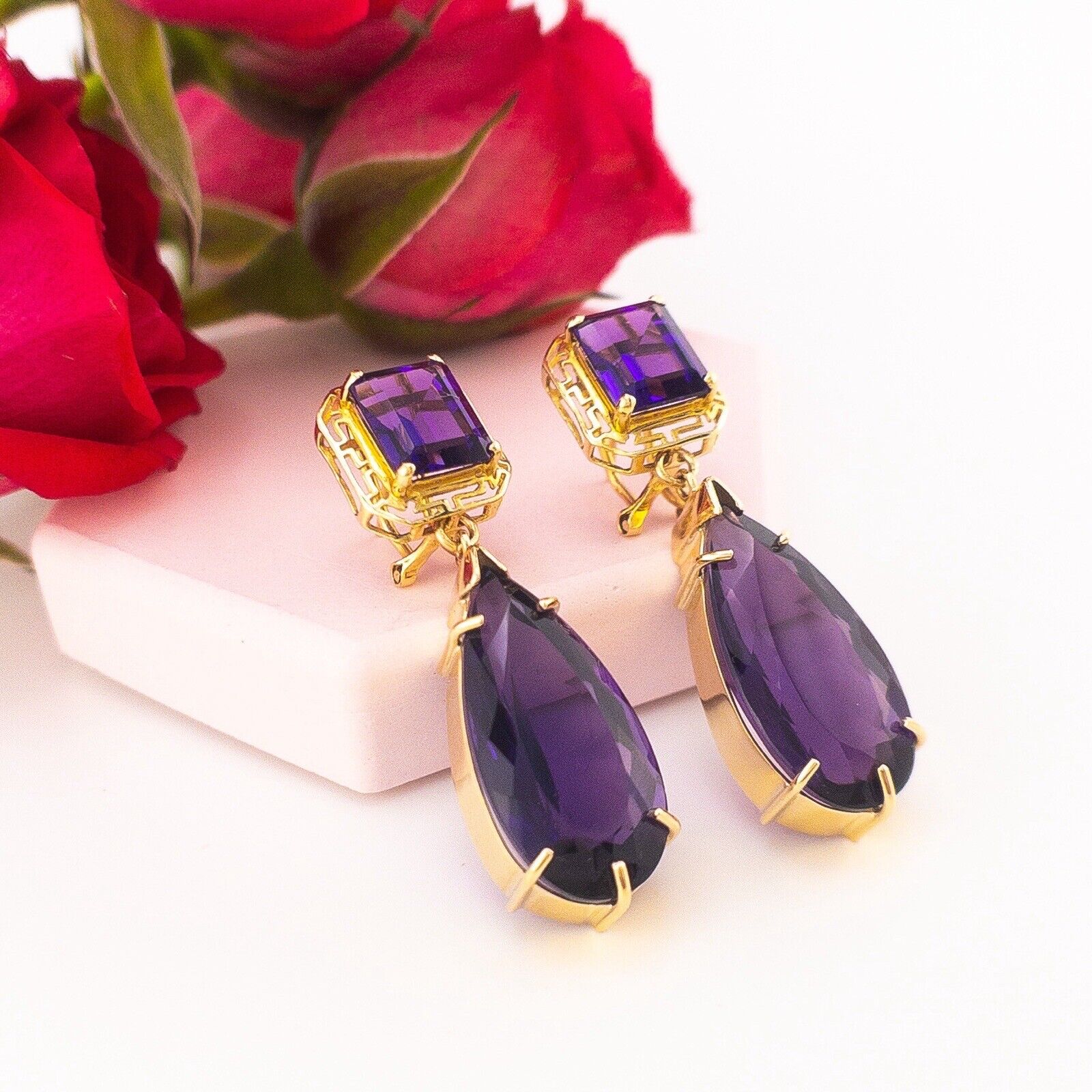 Solid 14k Yellow Gold Genuine Amethyst Omega-Back Dangle/Drop Earrings, 1.8"