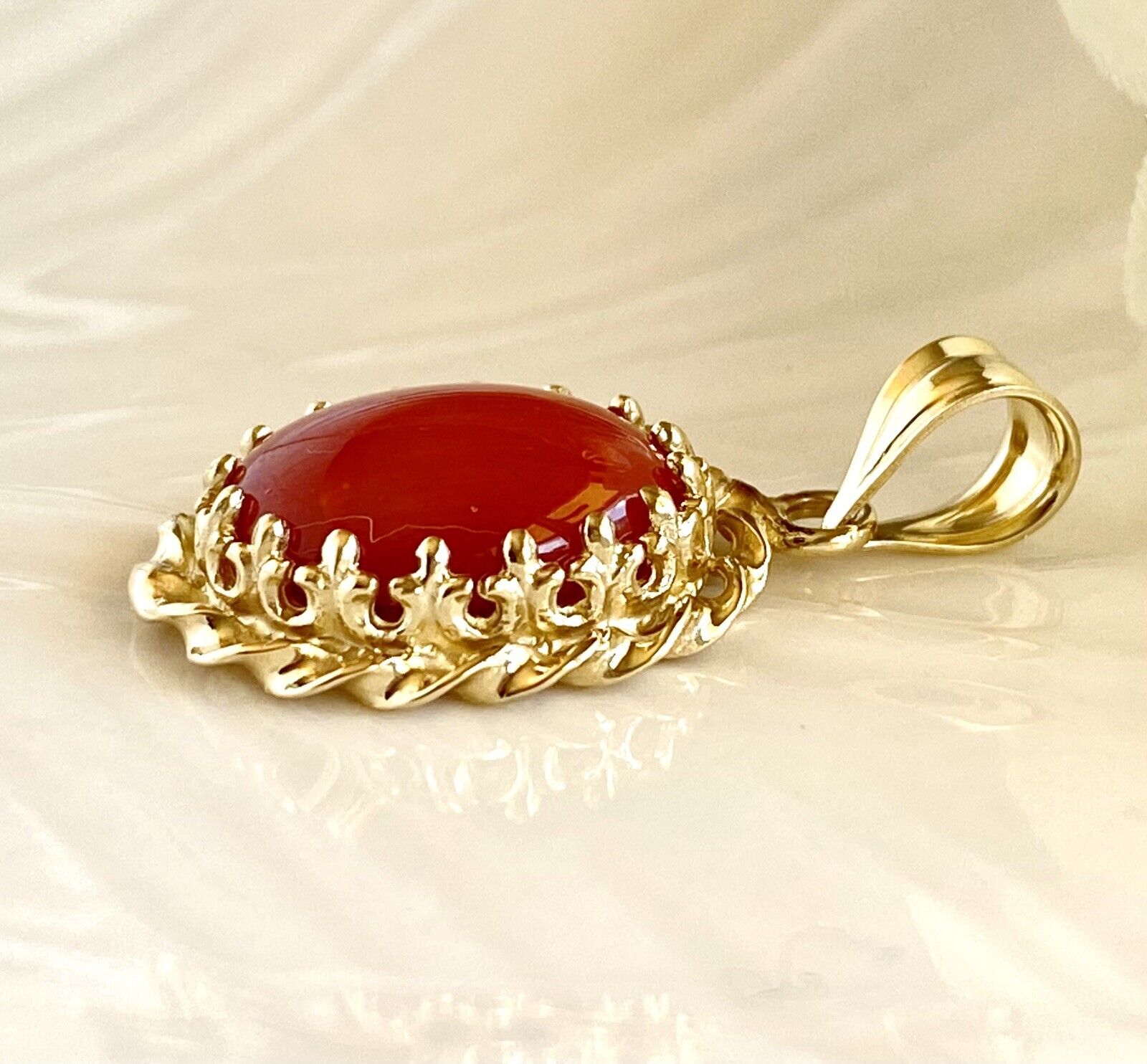 Lg Untreated Mediterranean Red Coral &14k Yellow Gold Handcrafted Pendant, New