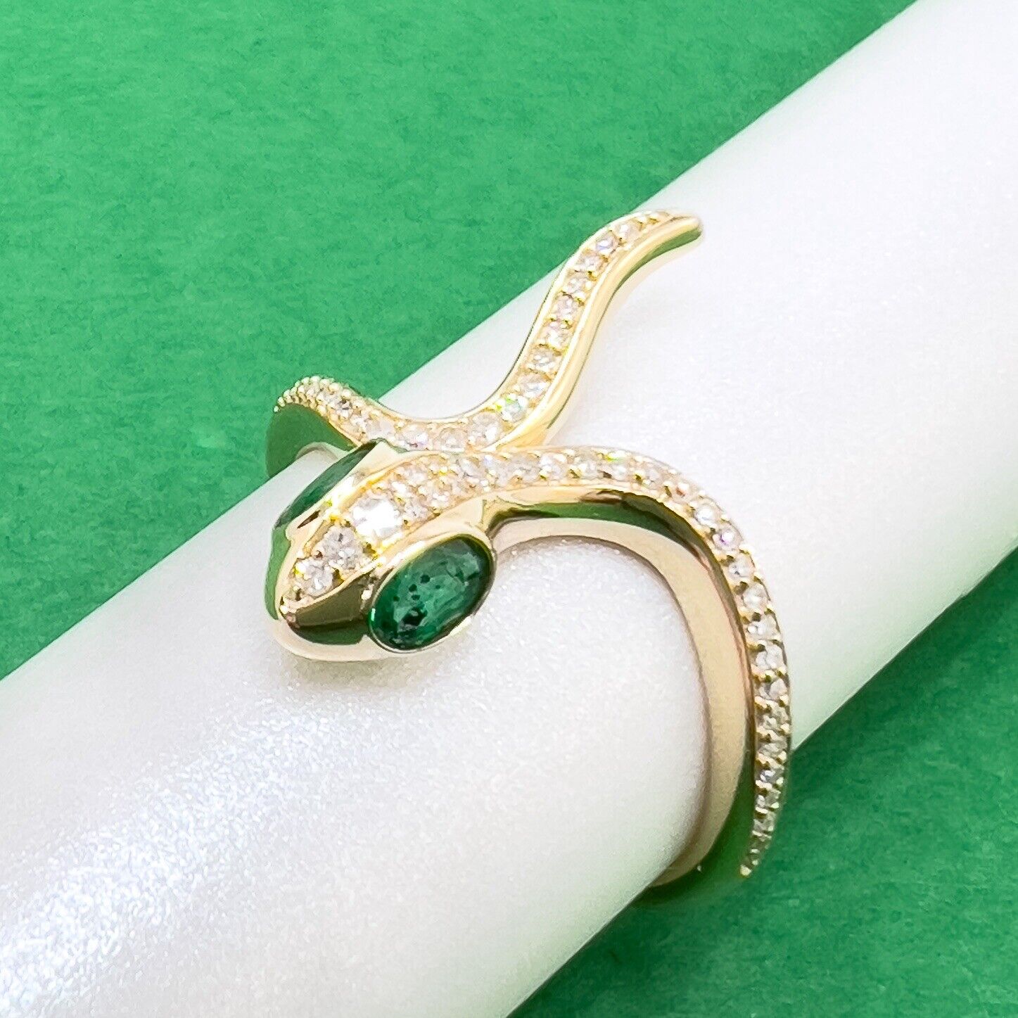 🐍Genuine Emerald & Diamond 14k Yellow Gold Snake Ring, New, Size7.5