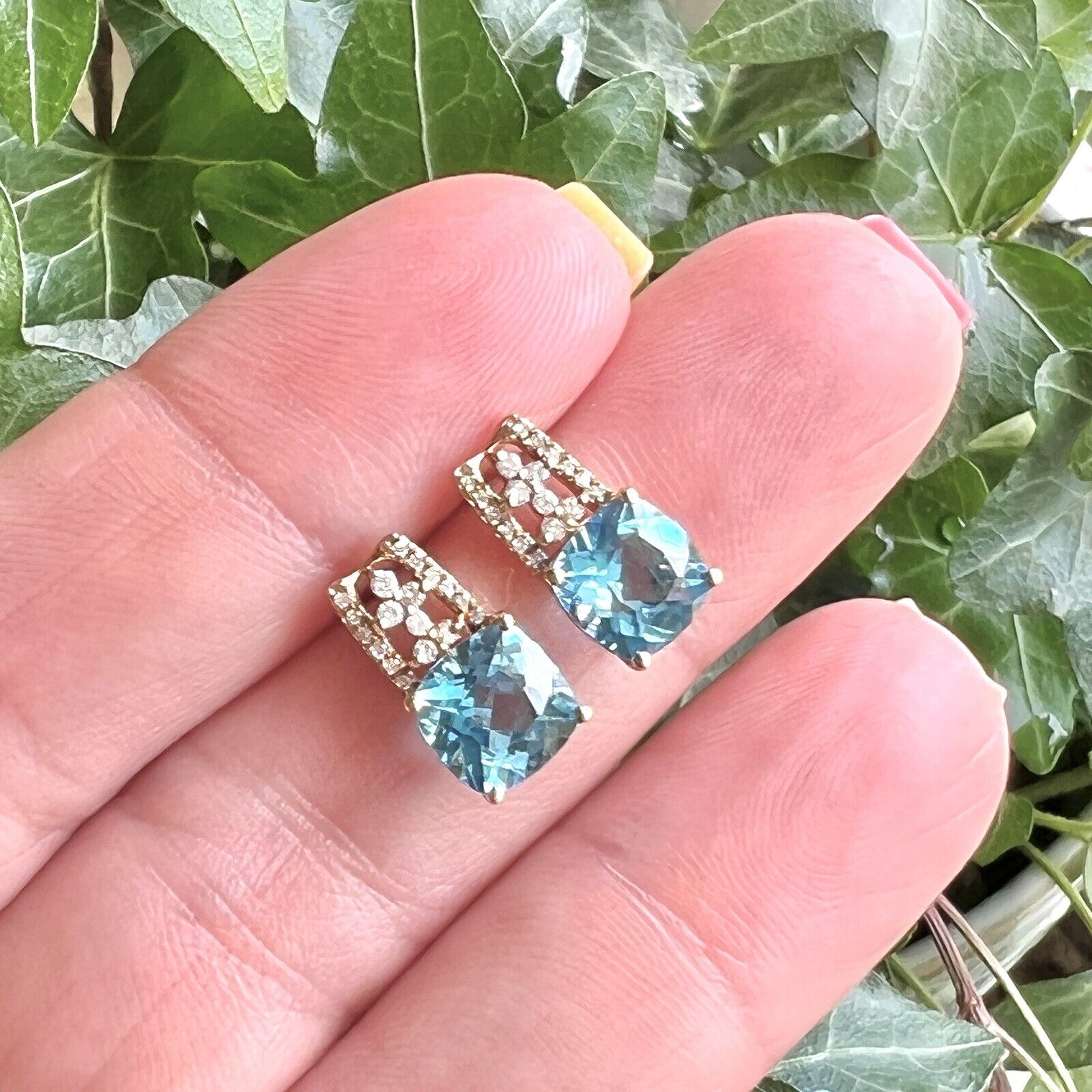 Solid 10k Yellow Gold Genuine Blue Topaz & Diamond Stud Earrings, New