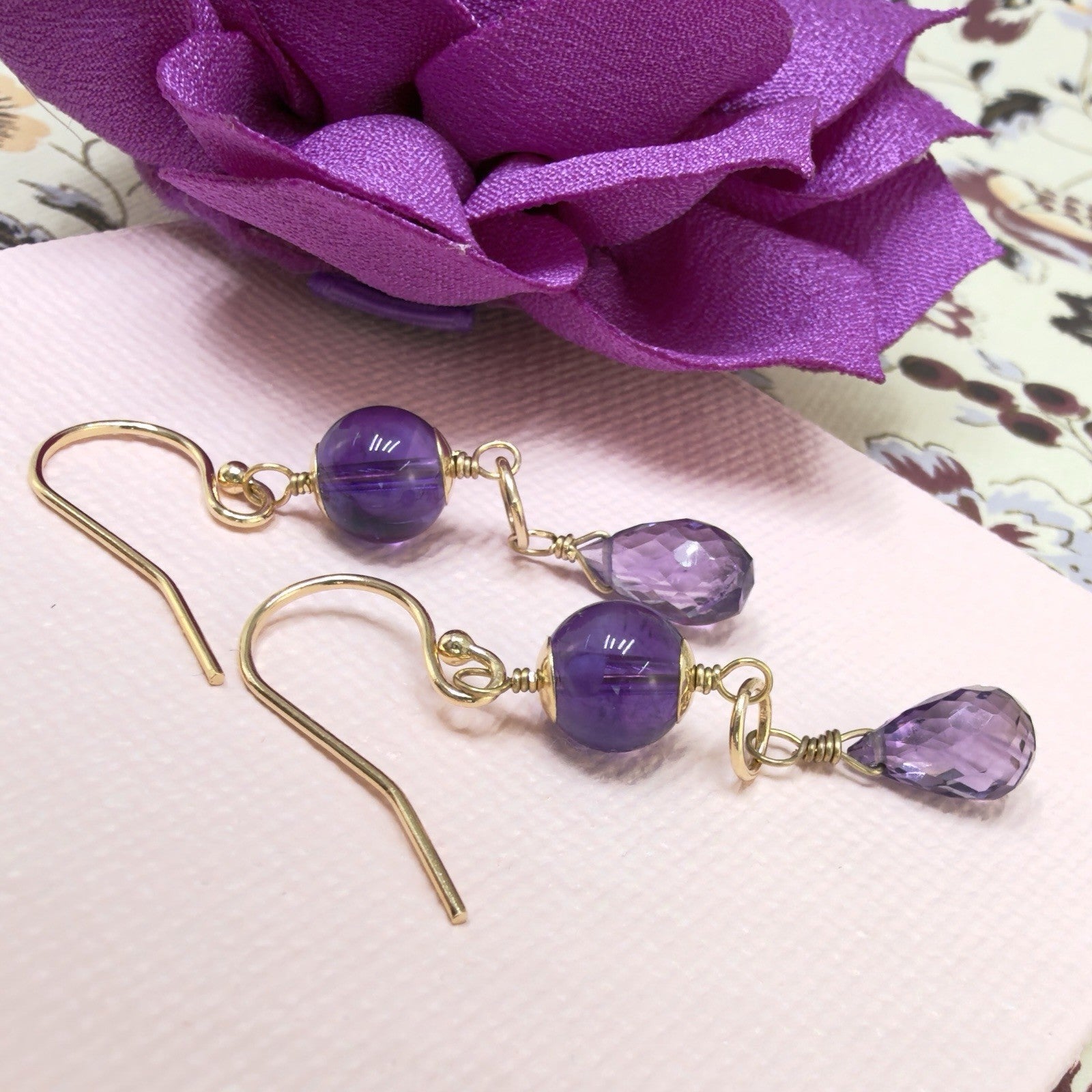 14k Yellow Gold Genuine Amethyst Drop/Dangle Earrings, Newly Handcrafted, 1.5"