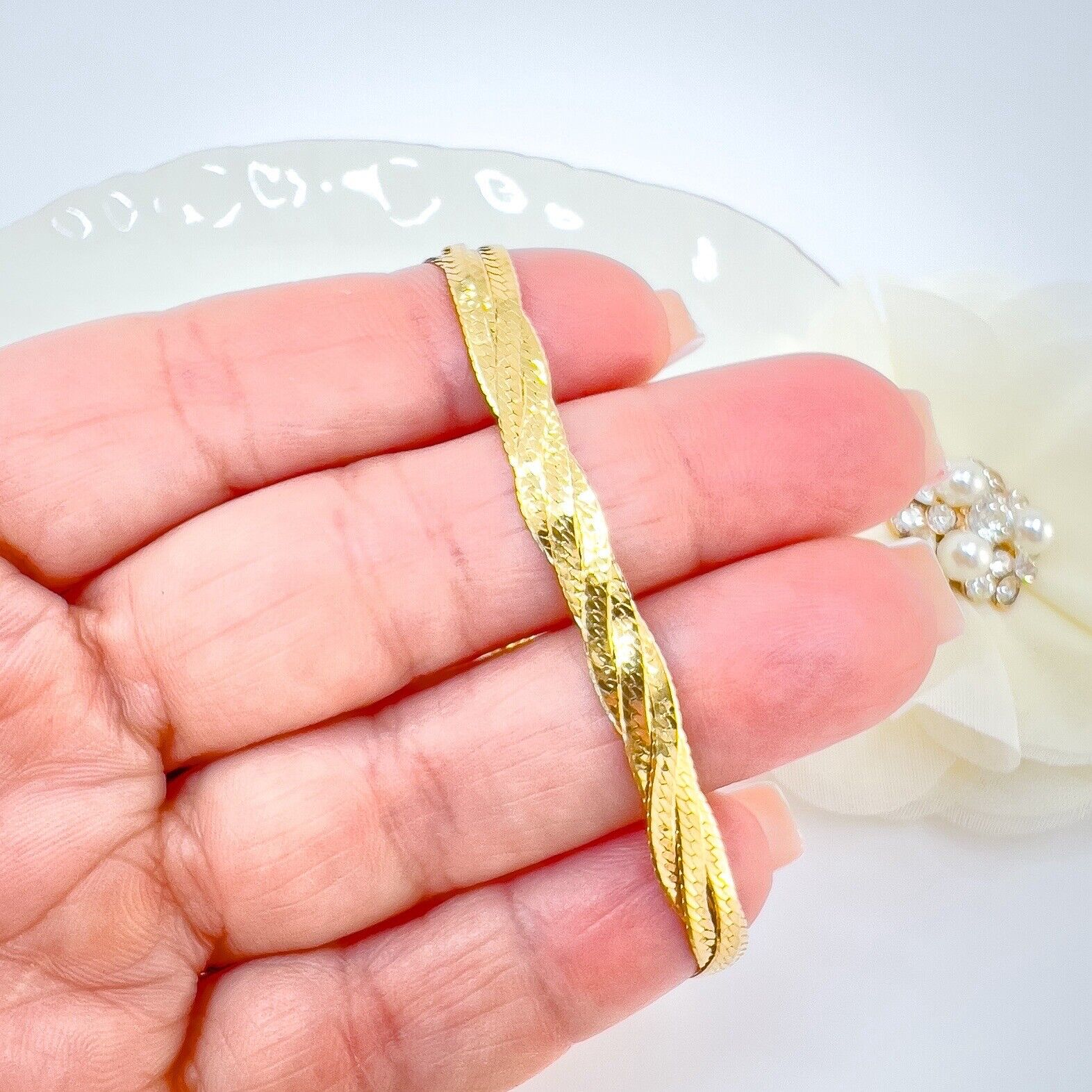 Solid 14k Yellow Gold Herringbone Flat Braided Bracelet, Italy 7.25"