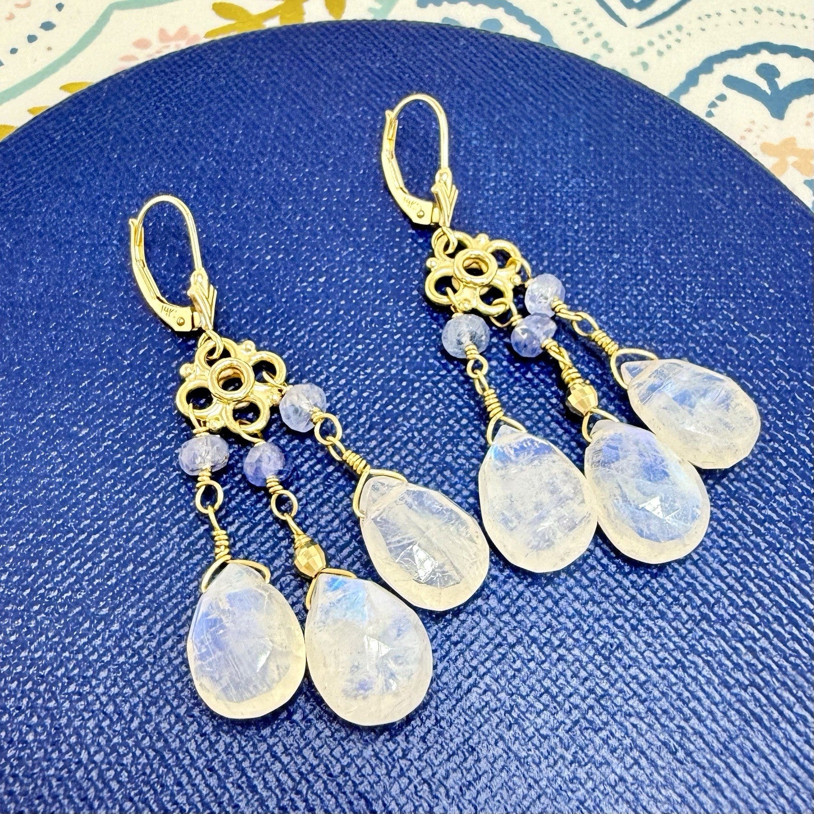 14k Yellow Gold Genuine Rainbow Moonstone and Sapphire Chandelier Earrings,