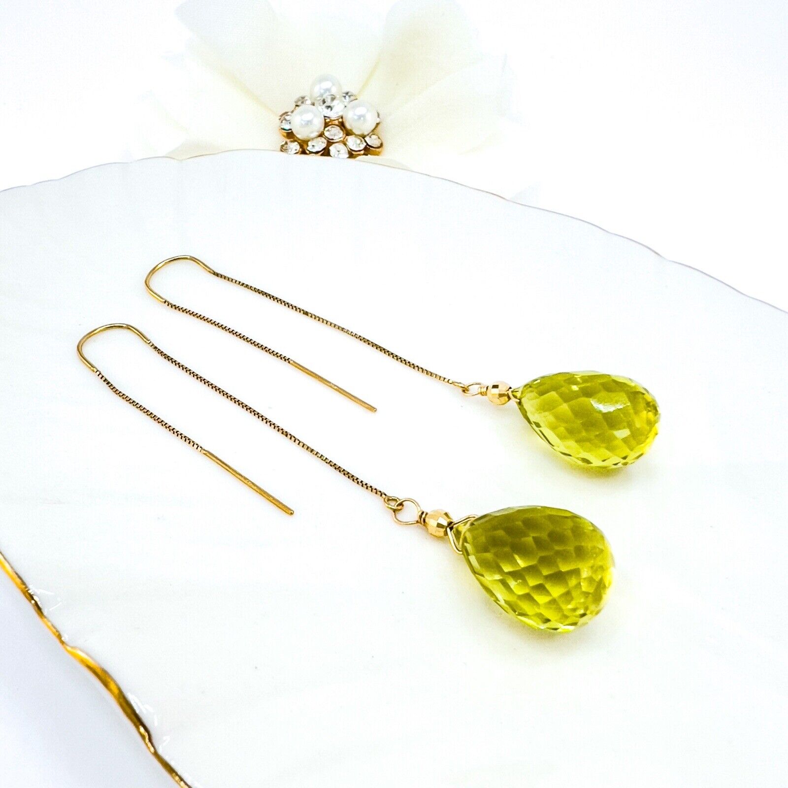 14k Yellow Gold Genuine Lemon Citrine Threader Drop/Dangle Earrings, New, 2.80"