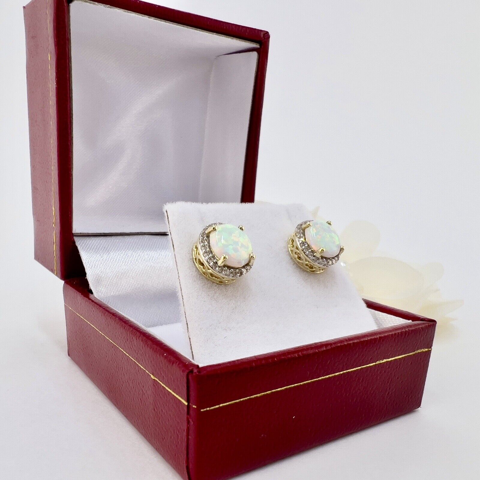 Solid 10k Yellow Gold Lab-Created Opals & Genuine Diamond Stud Earrings, New
