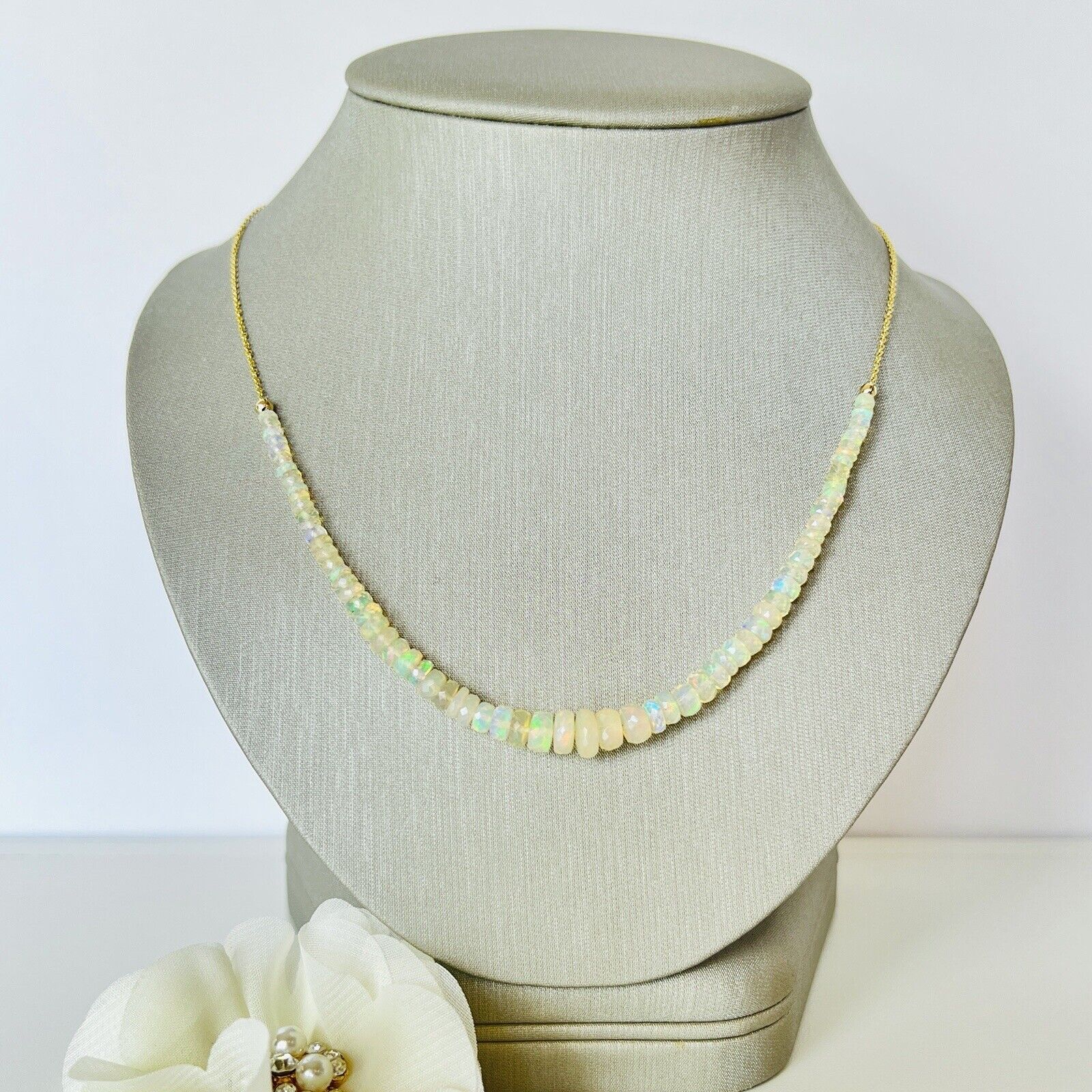 Genuine Opal (21.3ct) Solid 14k Yellow Gold Bead/Chain Necklace, New 19.5"