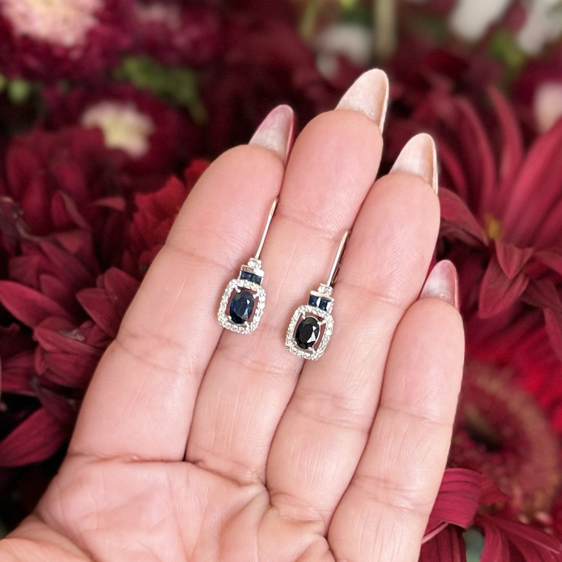 14k White Gold Genuine Sapphire & Diamond Leverback Dangle/Drop Earrings, New 1"