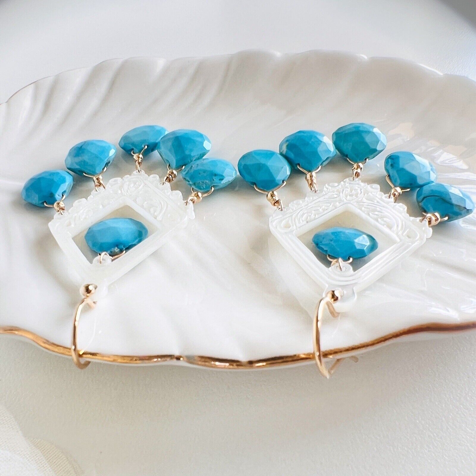 Solid 14k Yellow Gold Natural Turquoise & Mother of Pearl Chandelier Earrings