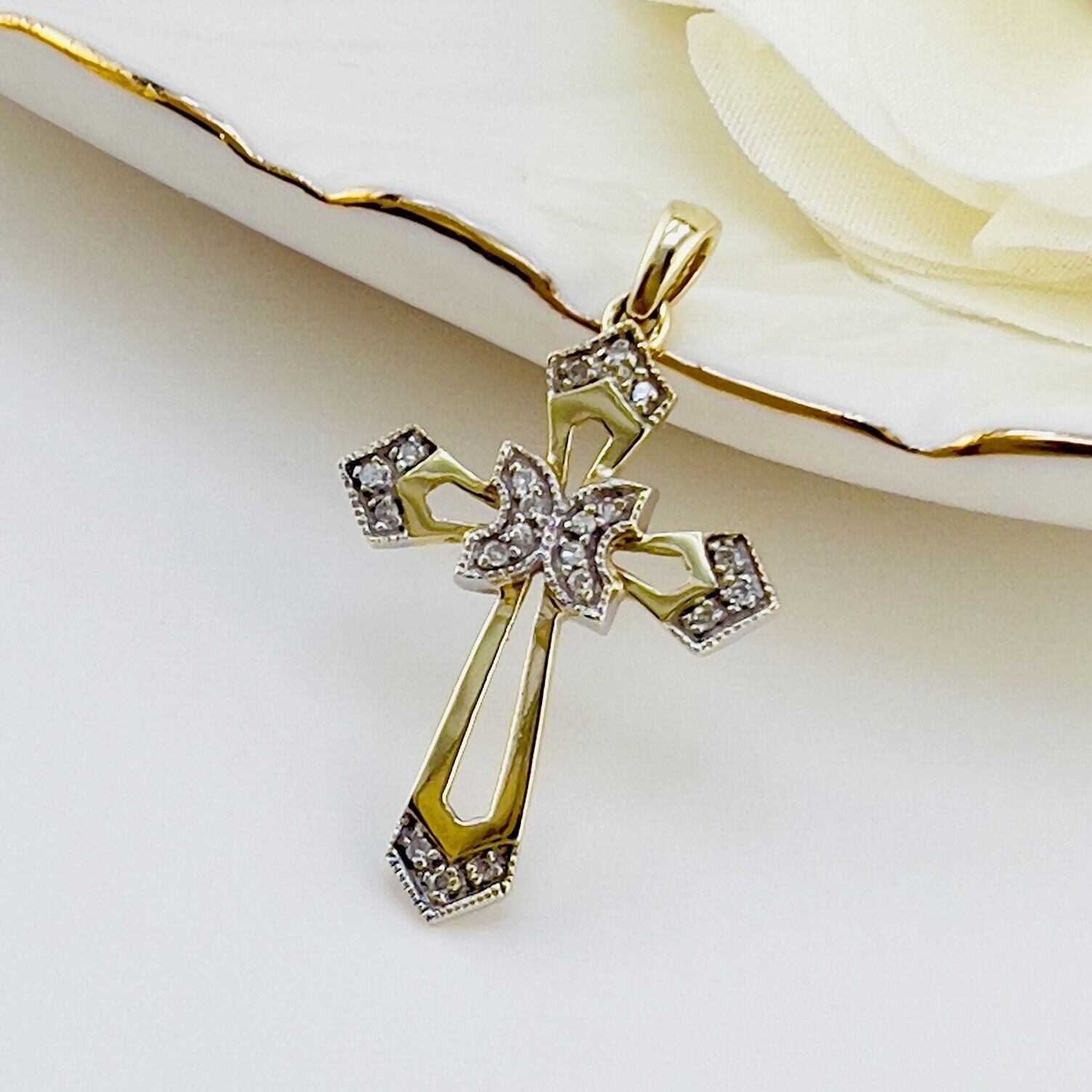 Solid 10K Yellow Gold Genuine Diamond Cross Pendant, New 1.3”