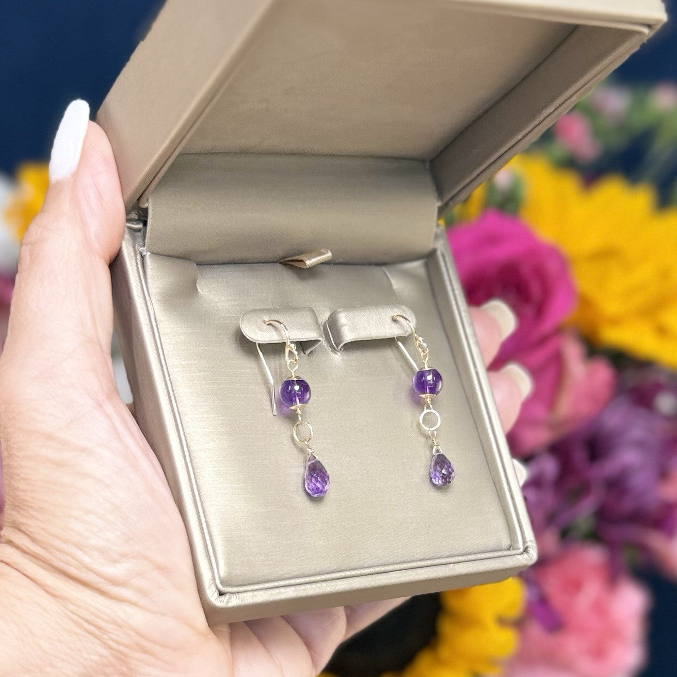 14k Yellow Gold Genuine Amethyst Drop/Dangle Earrings, Newly Handcrafted, 1.5"