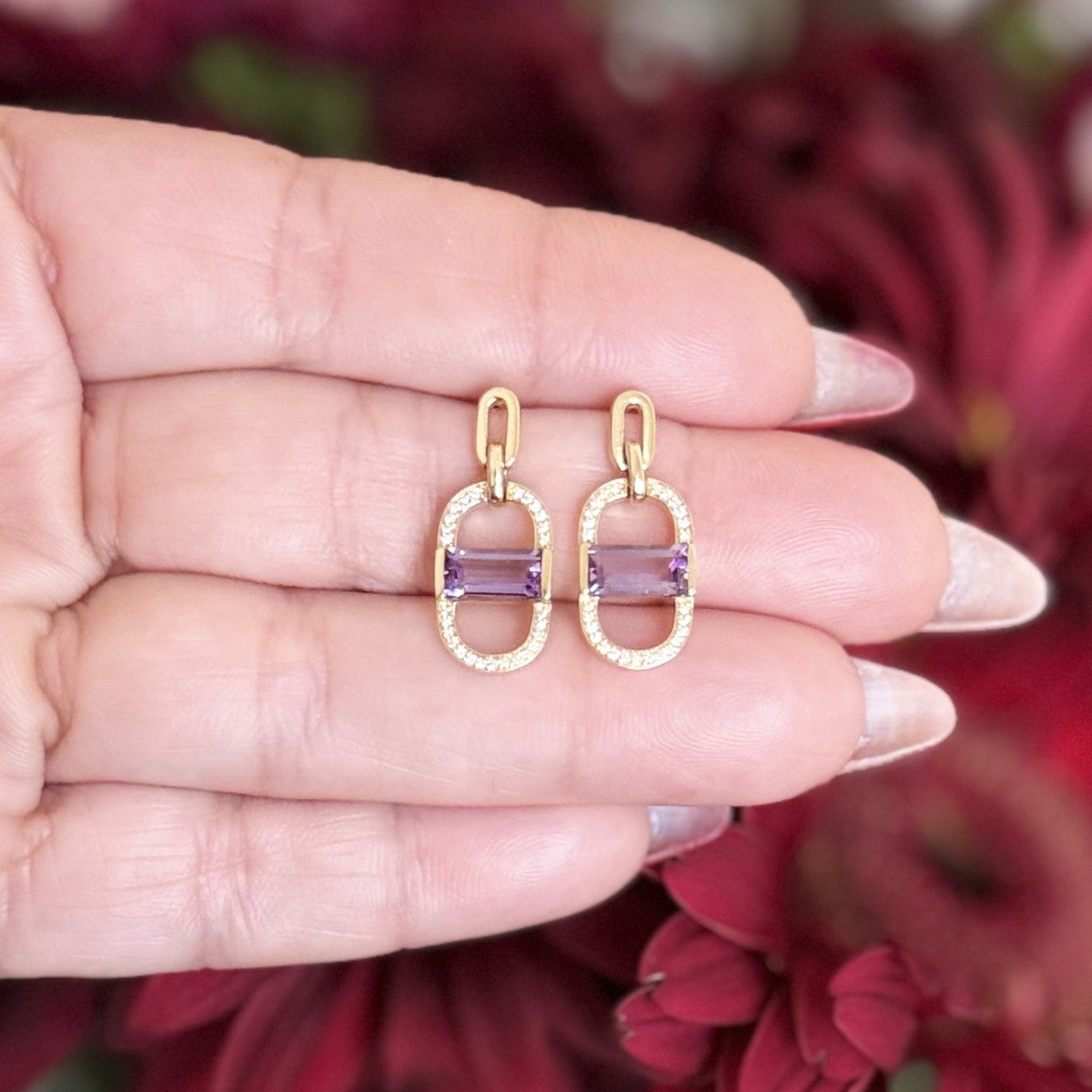 14k Yelow Gold Genuine Amethyst & Diamond Monernist Dangle Earrings, New