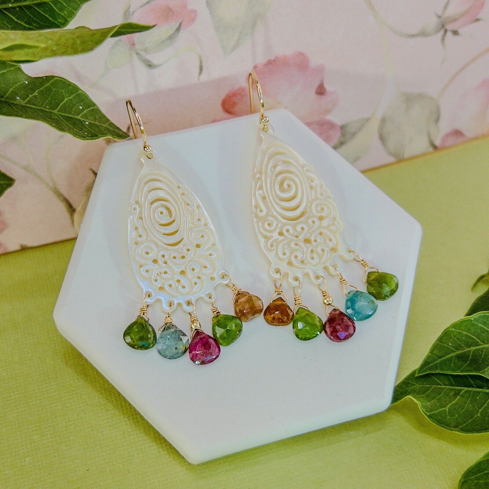 Solid 14k Yellow Gold Natural Tourmaline & Mother of Pearl Chandelier Earrings,