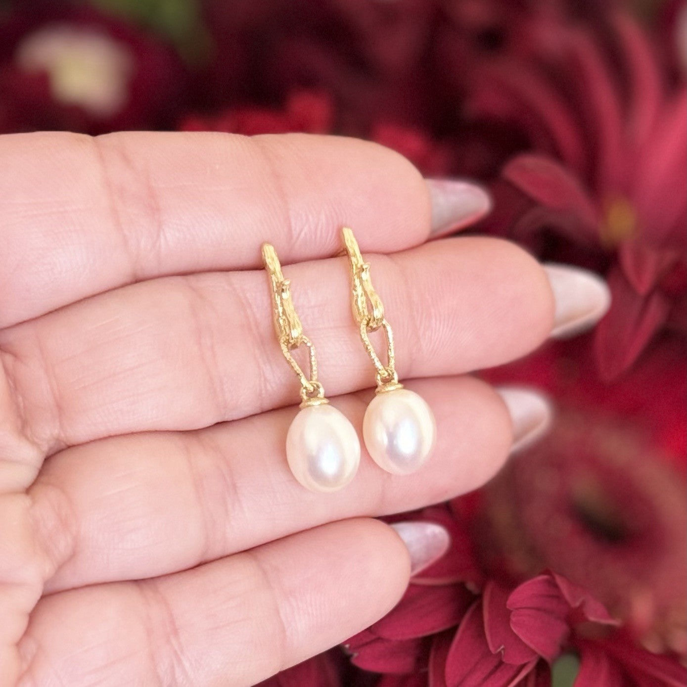 14k Yellow Gold Genuine Pearl Dangle Modernist Earrings, New